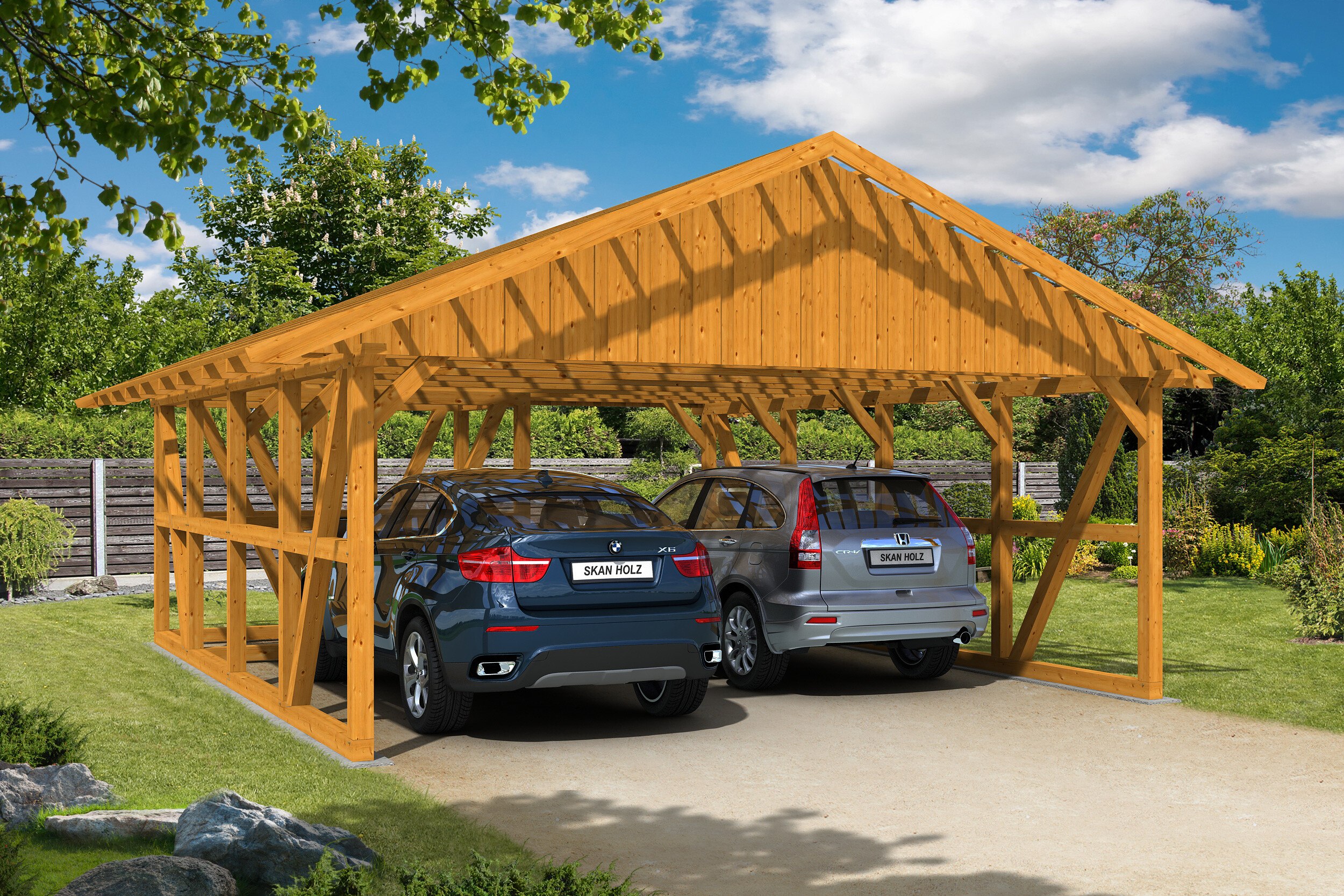 Carport Schwarzwald 684 x 772 cm with storage room 1, colour pre-treated light oak