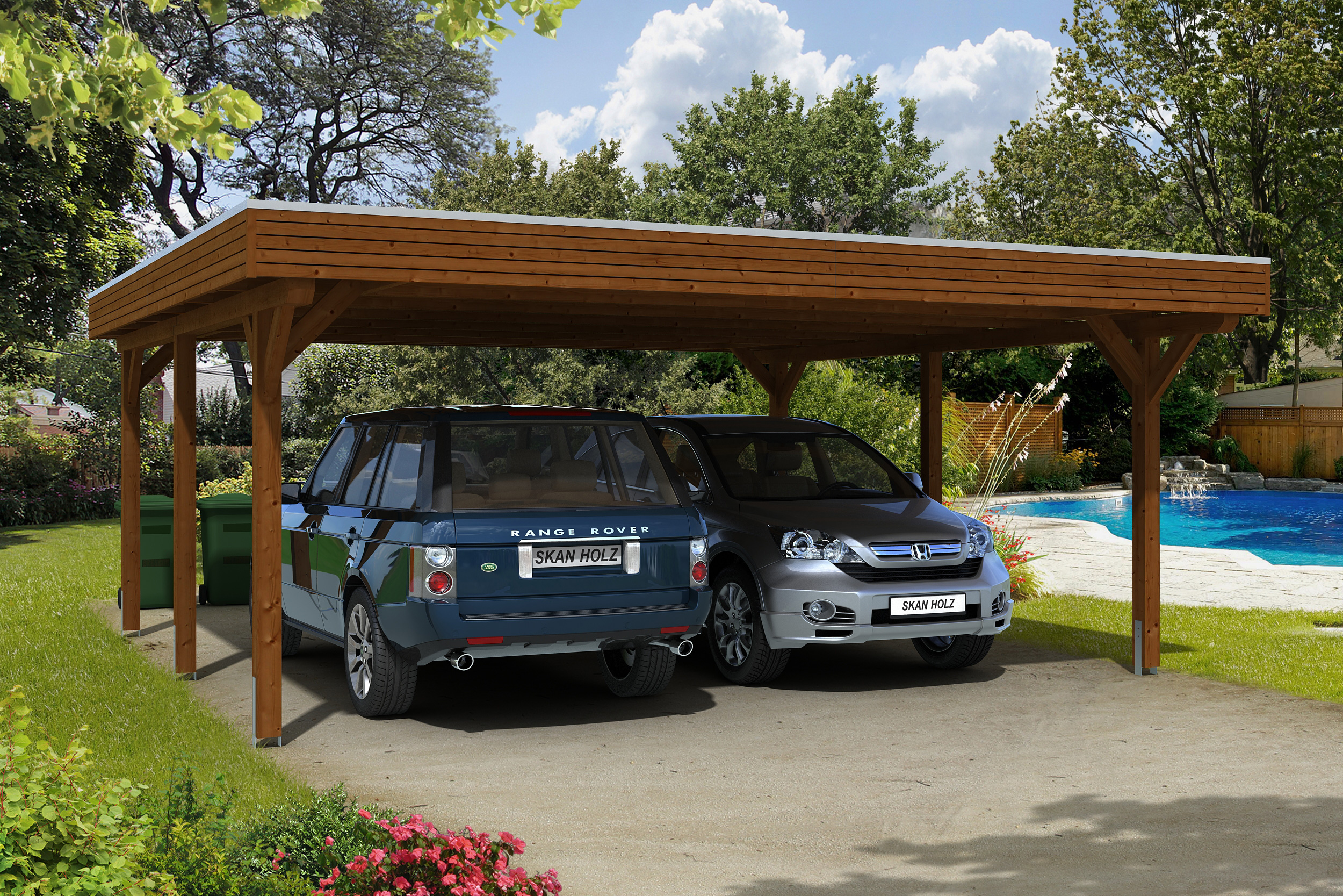 Carport Spessart 611 x 604 cm, gelakt in noten, met Aluminium dakplaten