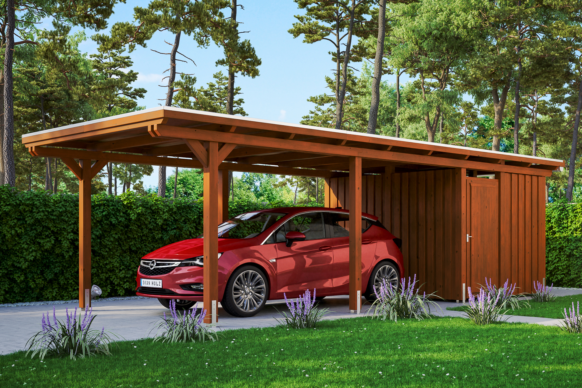 Ambientebild: Carport Emsland 354 x 846 cm mit Abstellraum, farblich behandelt in nussbaum
