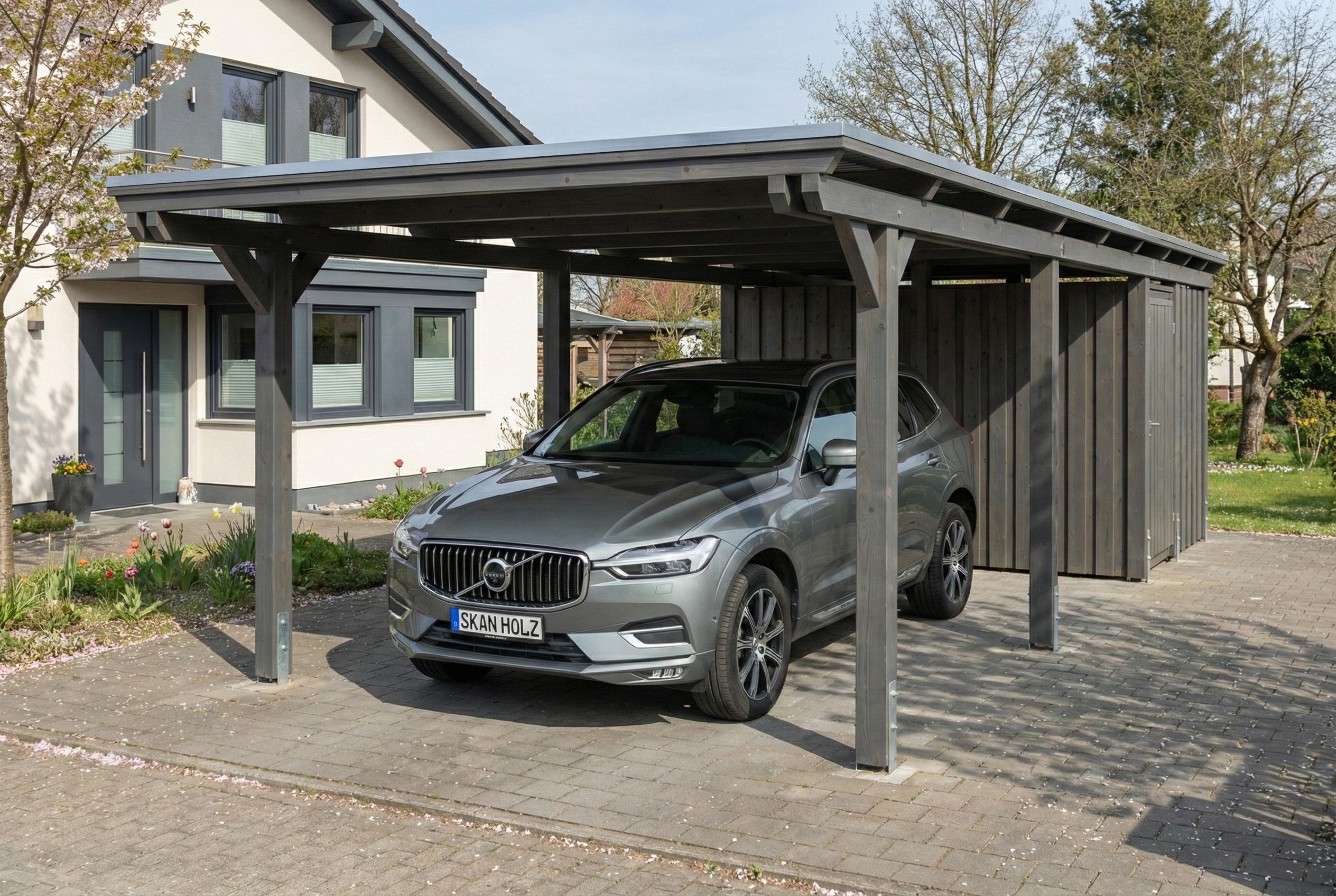 Carport Emsland 340 x 846 cm avec toit EPDM, avec remise, gris ardoise