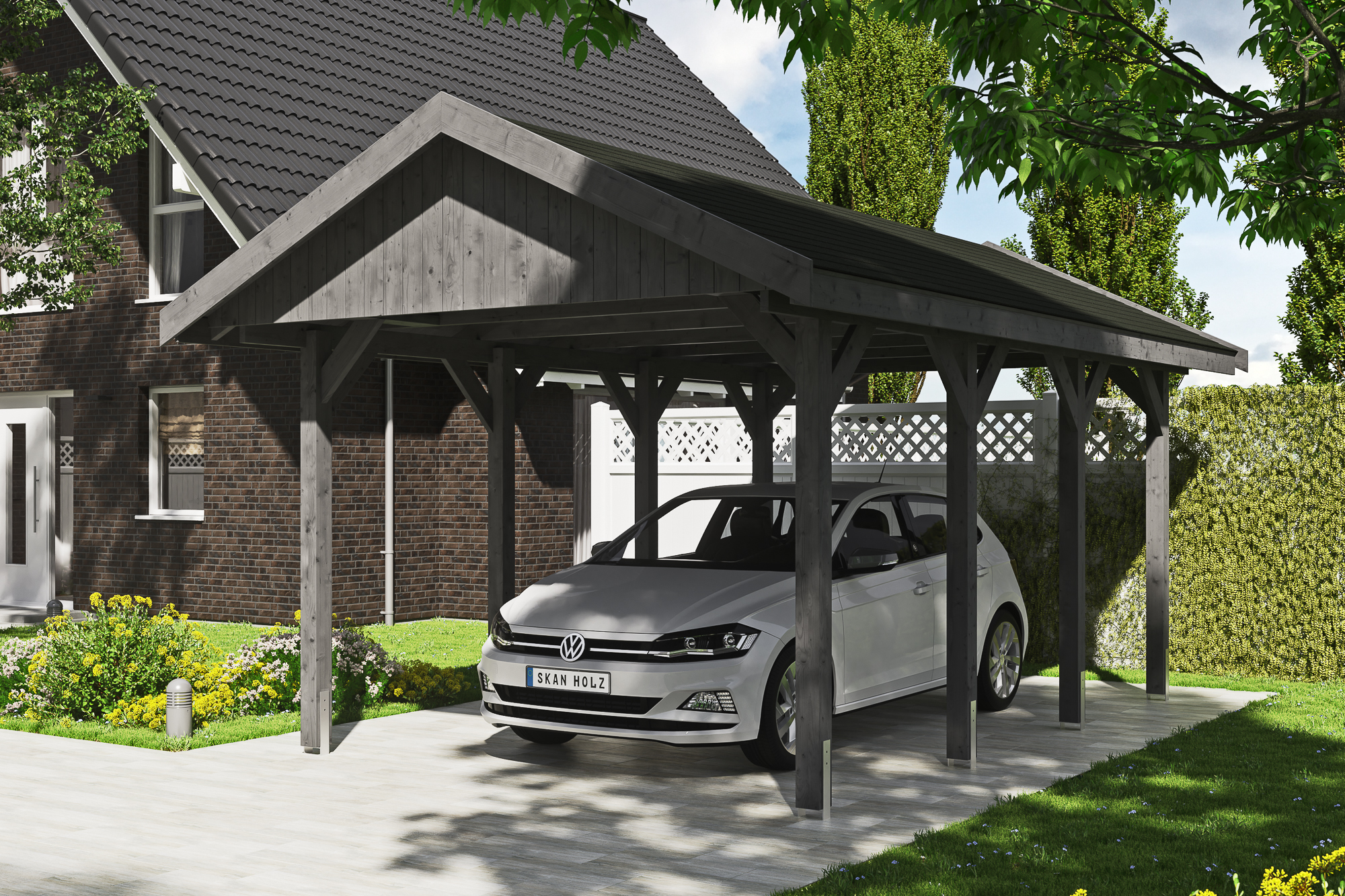 Carport WALLGAU 380 x 600 cm, traitement coloré gris ardoise, avec bardeaux noirs