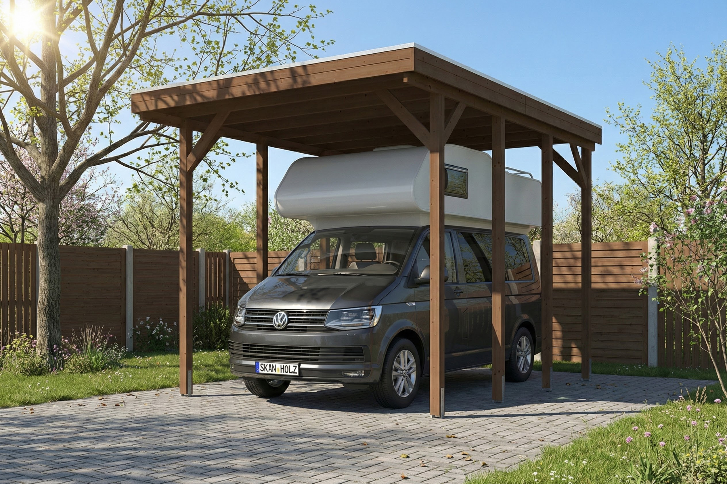 Caravan-Carport Friesland 402 x 555 cm, avec panneaux de toit en acier, noyer