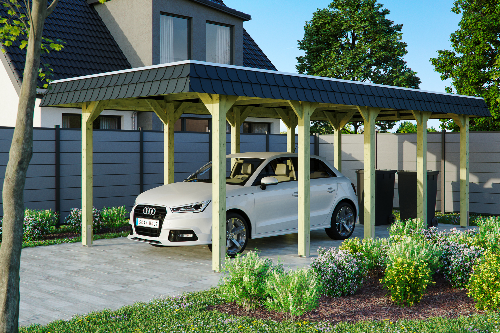 Ambientebild: Carport Spreewald 345 x 741 cm mit schwarzer Blende, grün imprgniert