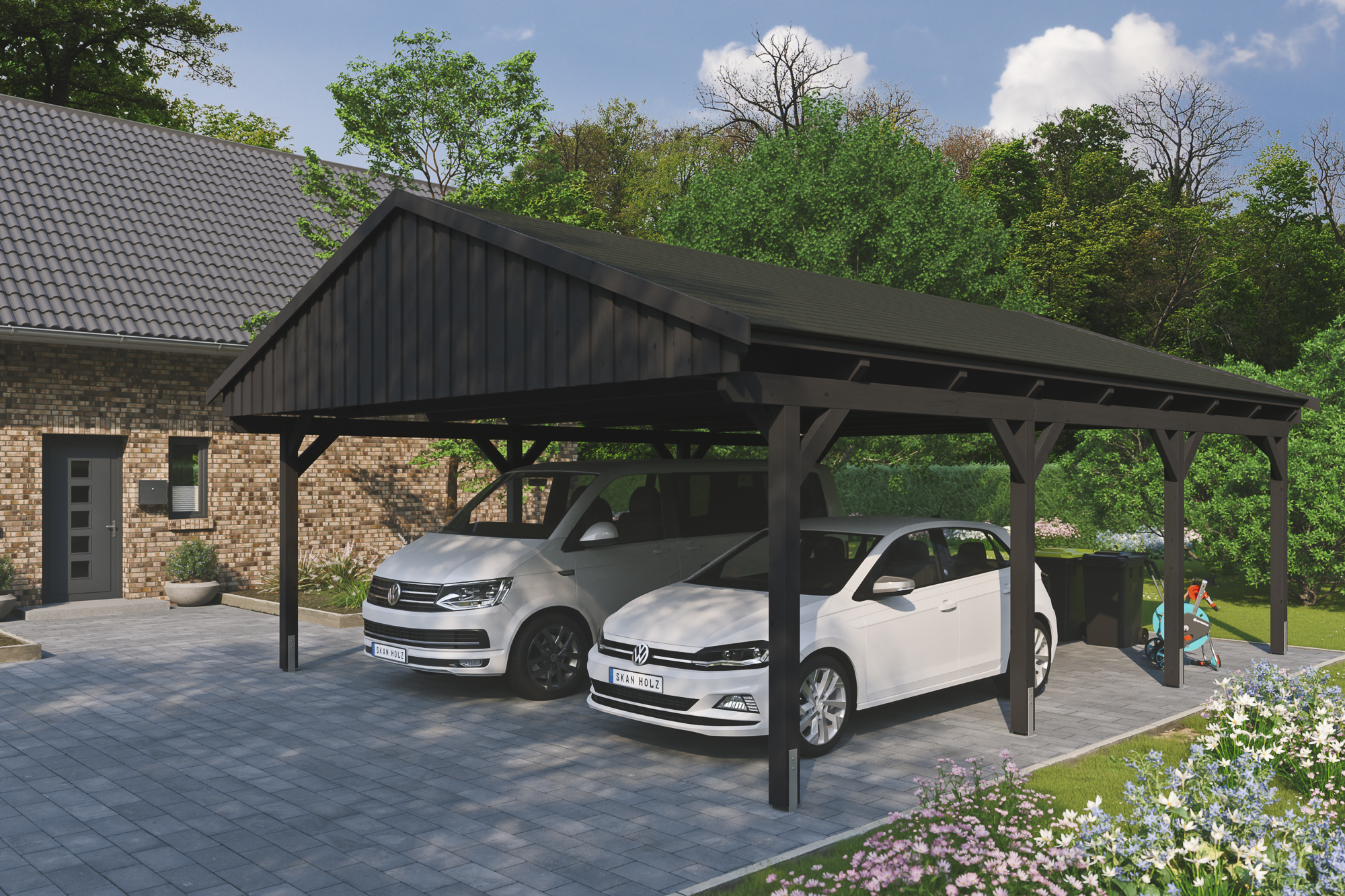Ambientebild: Carport Fichtelberg 618 x 808 cm, farblich behandelt in anthrazit, mit schwarzen Dachschindeln