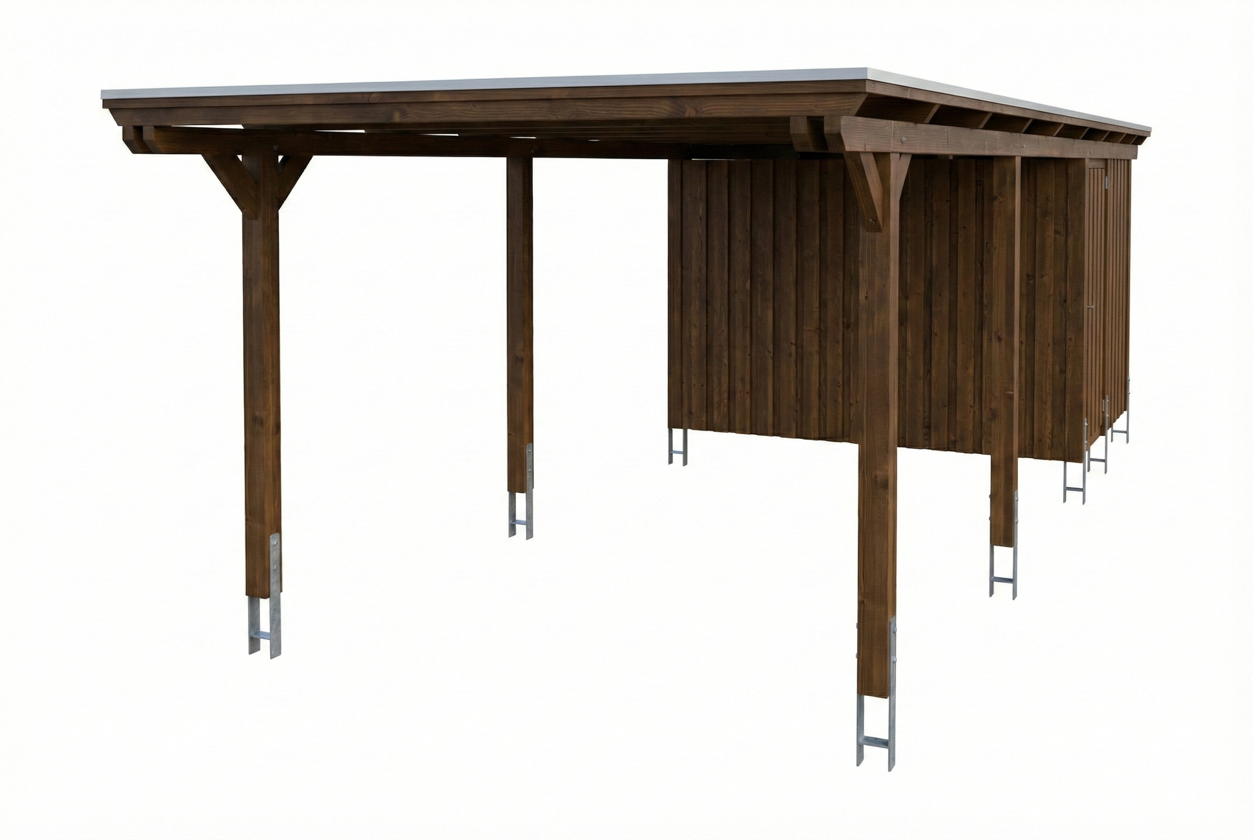 Carport Emsland 340 x 846 cm, panneaux de toit en acier avec non-tissé anti-condensation, avec remise, noyer