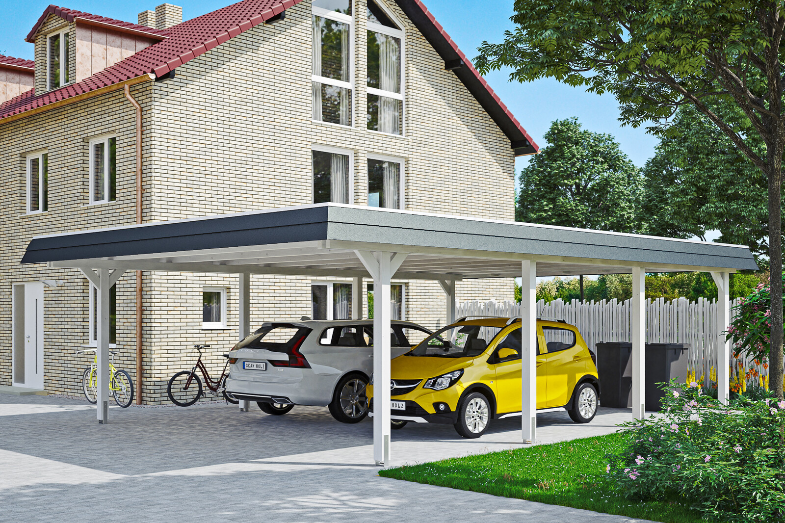 Carport WENDLAND 630x879cm, toit en aluminium, bandeau noir, bois lamellé-collé, traitement coloré blanc