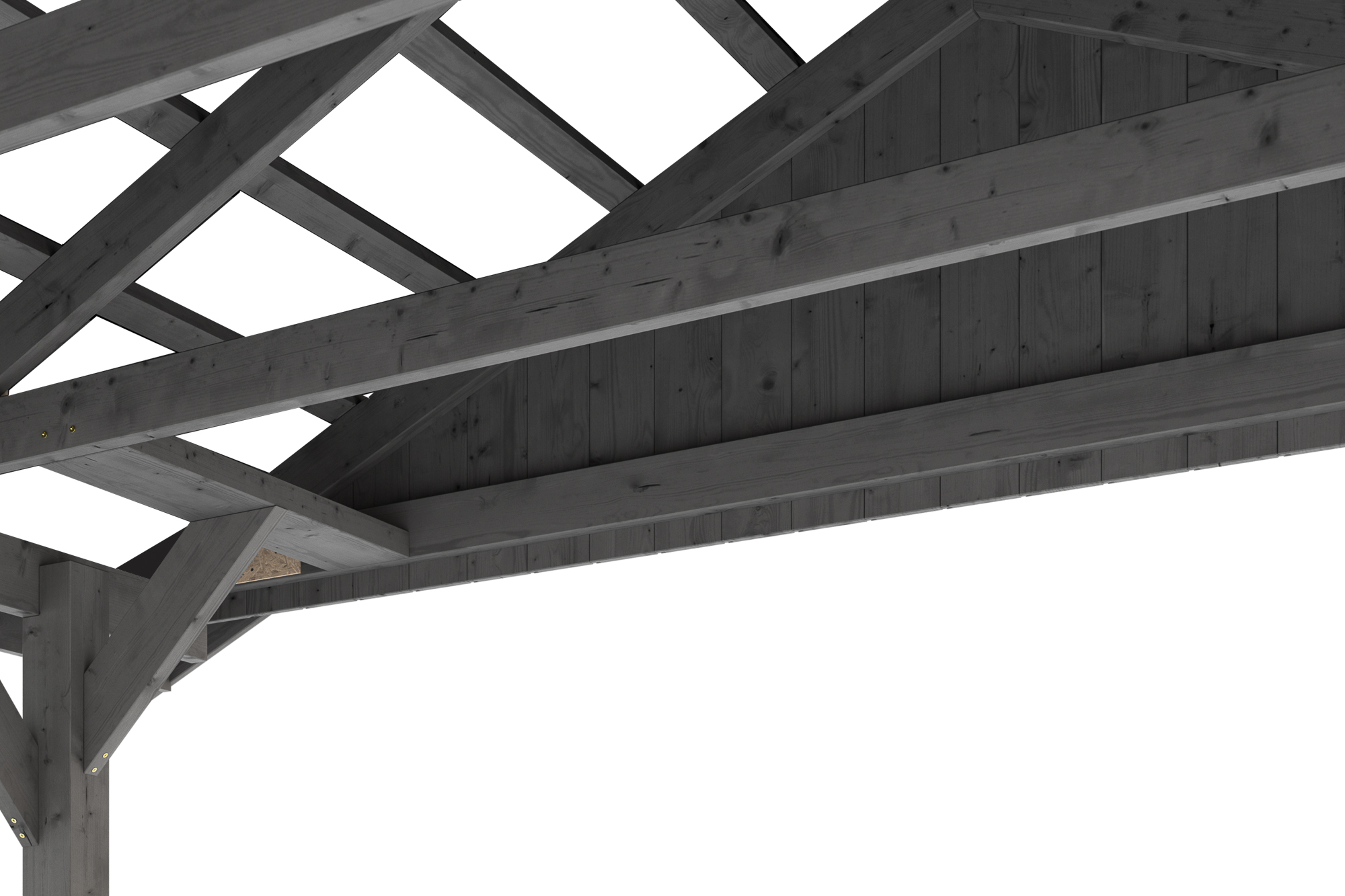 Detailbild: Dachkonstruktion von unten (Zangen, Sparren und Dachlatten, farblich behandelt in schiefergrau)