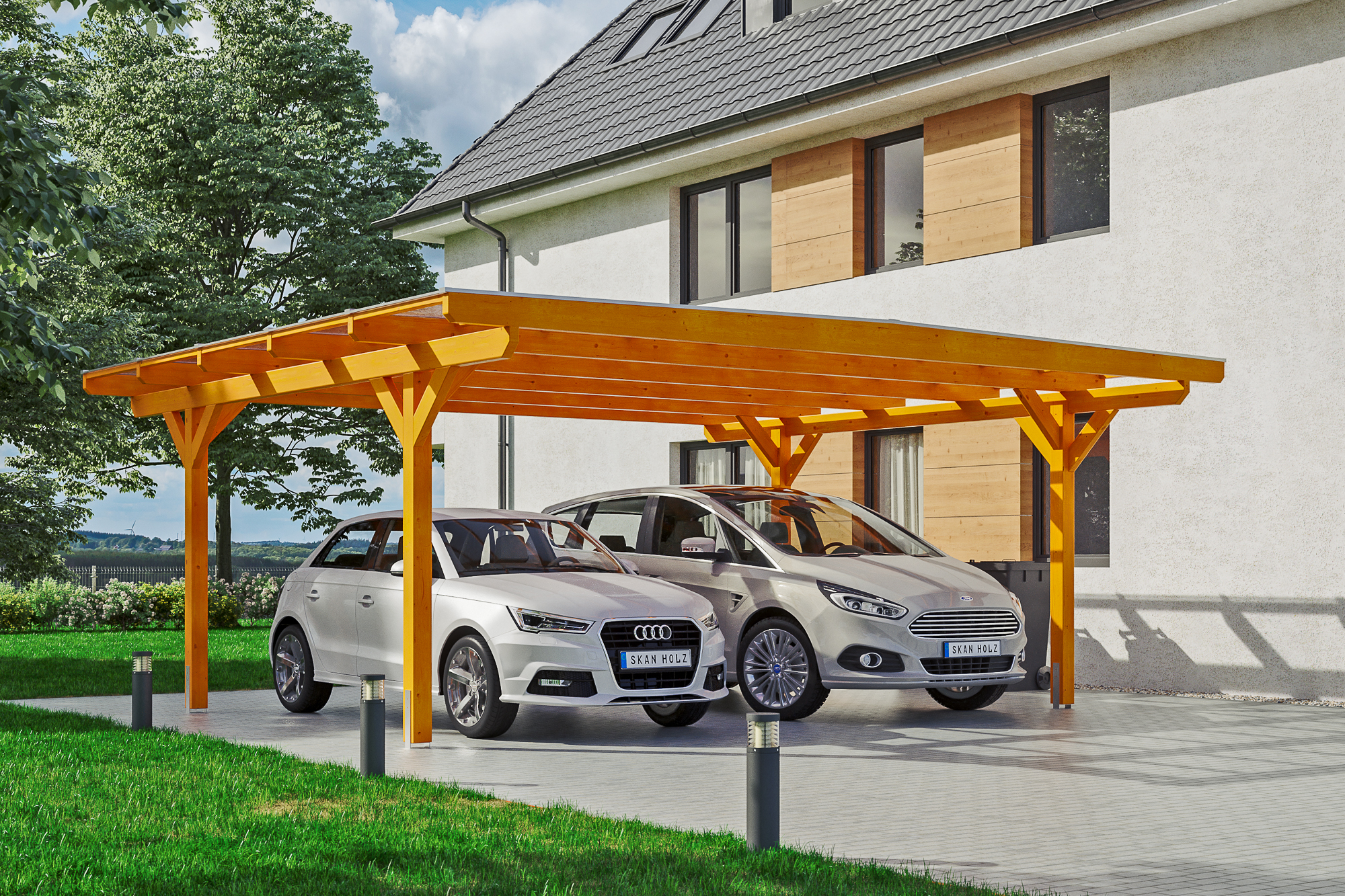 Ambientebild: Carport Odenwald 640 x 541 cm, farblich behandelt in eiche hell