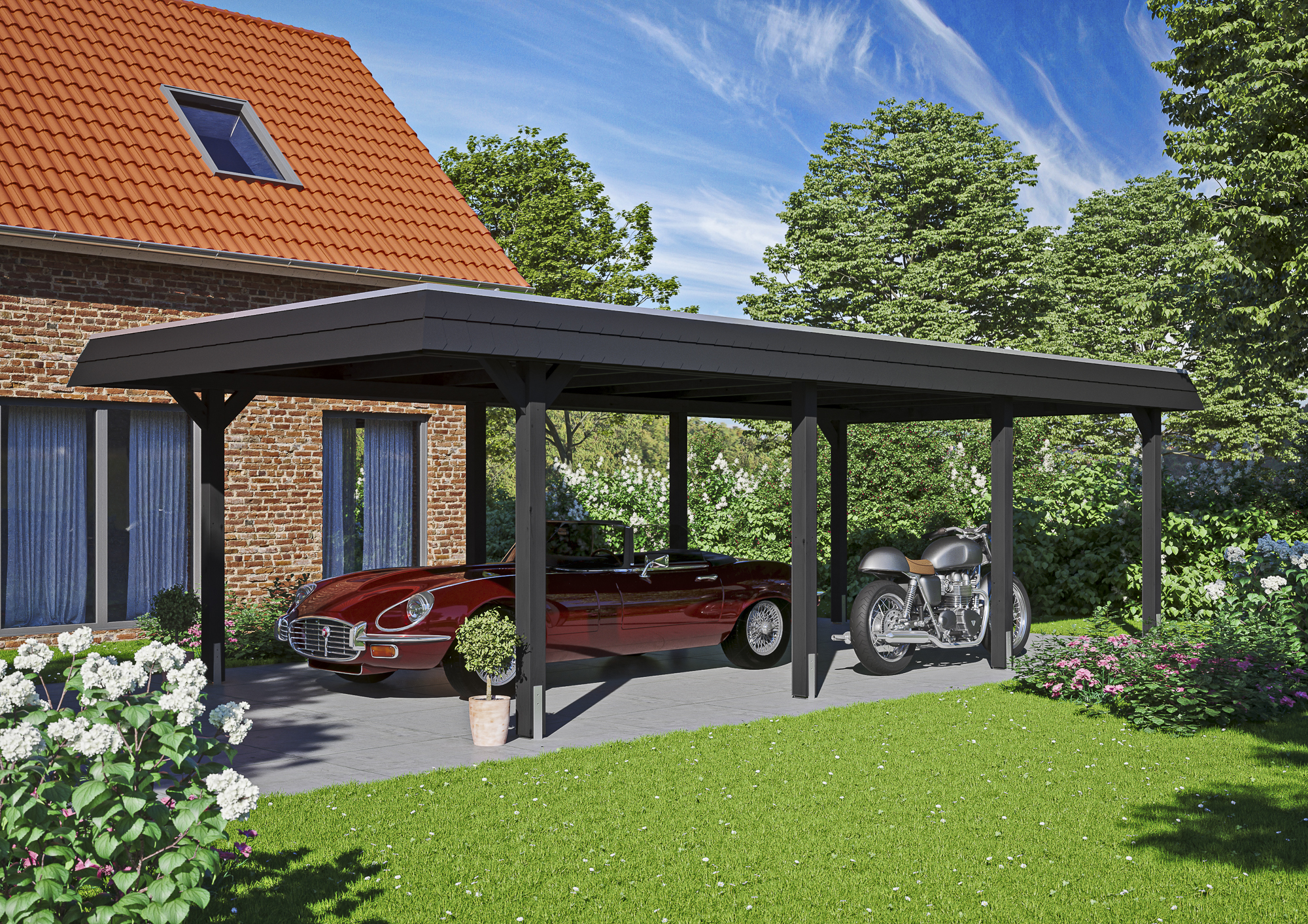 Ambientebild: Carport Wendland 409 x 870 cm, mit schwarzer Blende, farblich behandelt in anthrazit