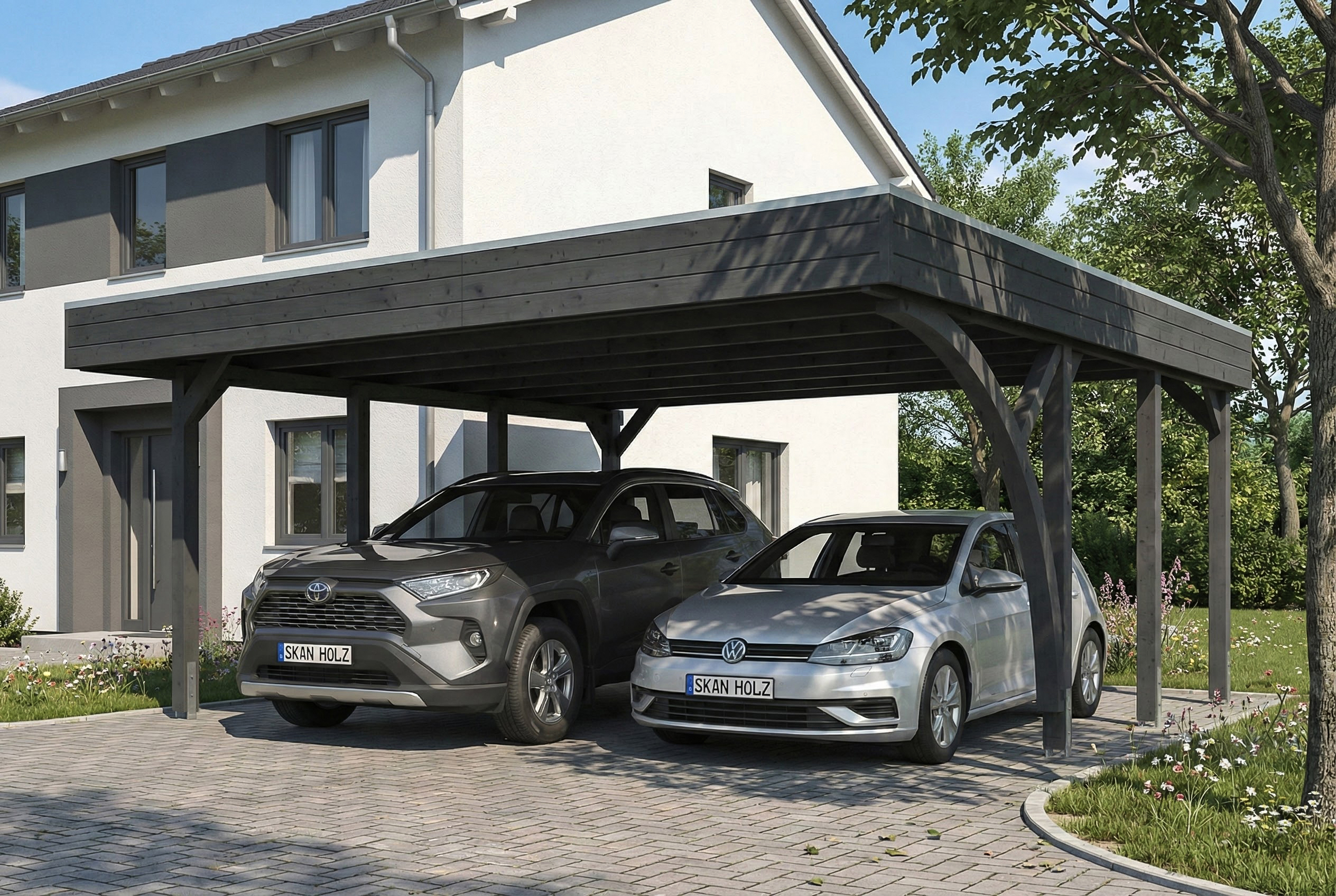 Carport Friesland Set G, 546 x 555 cm, mit einem Einfahrtsbogen, schiefergrau