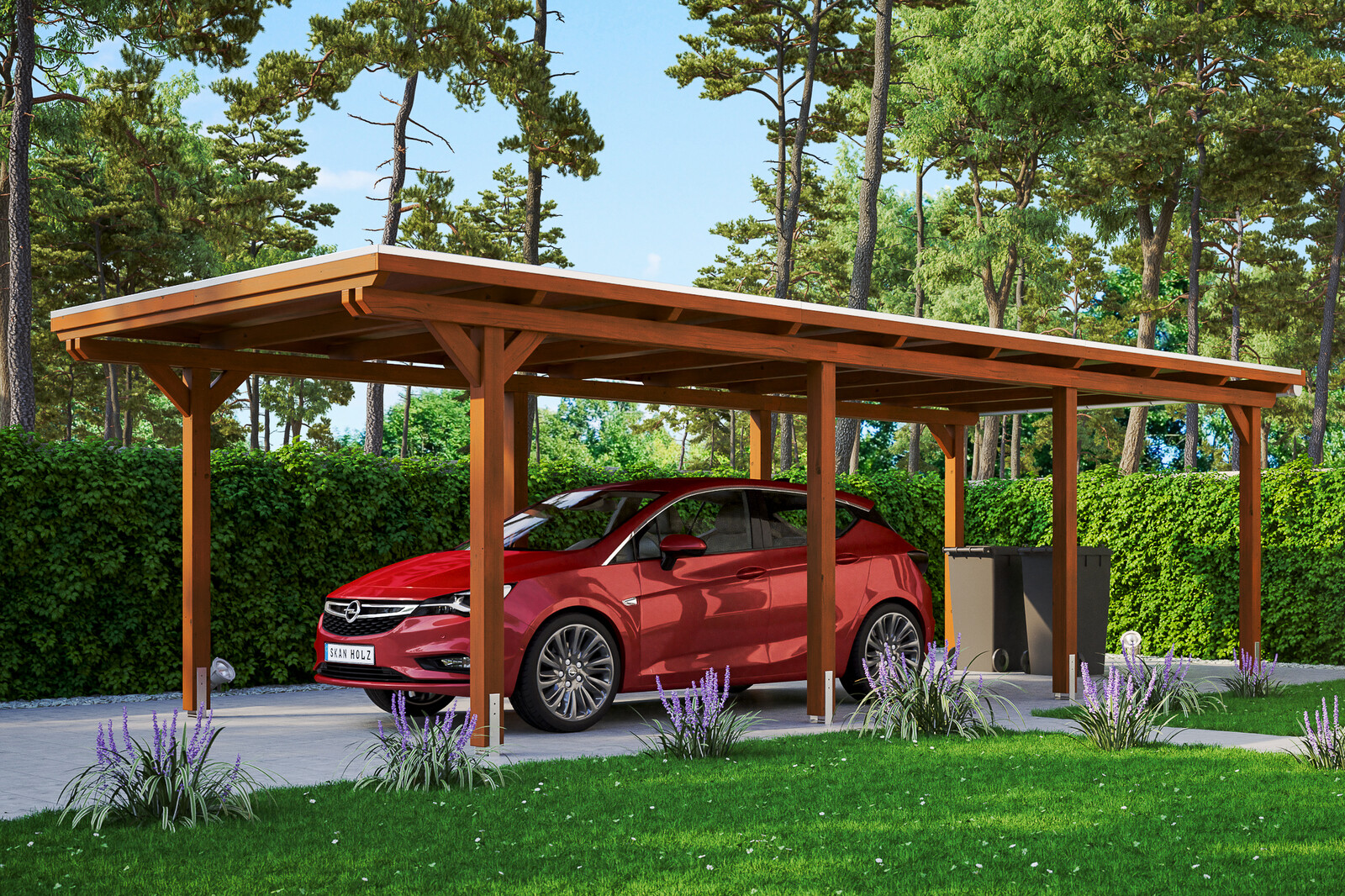 Carport Emsland 354 x 846 cm, gelakt in noten, met dakbetimmering en EPDM-folie