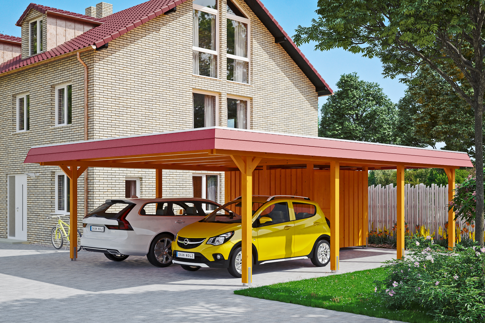 Ambientebild: Carport Wendland 630 x 879 cm, mit Abstellraum, mit roter Blende, farblich behandelt in eiche hell