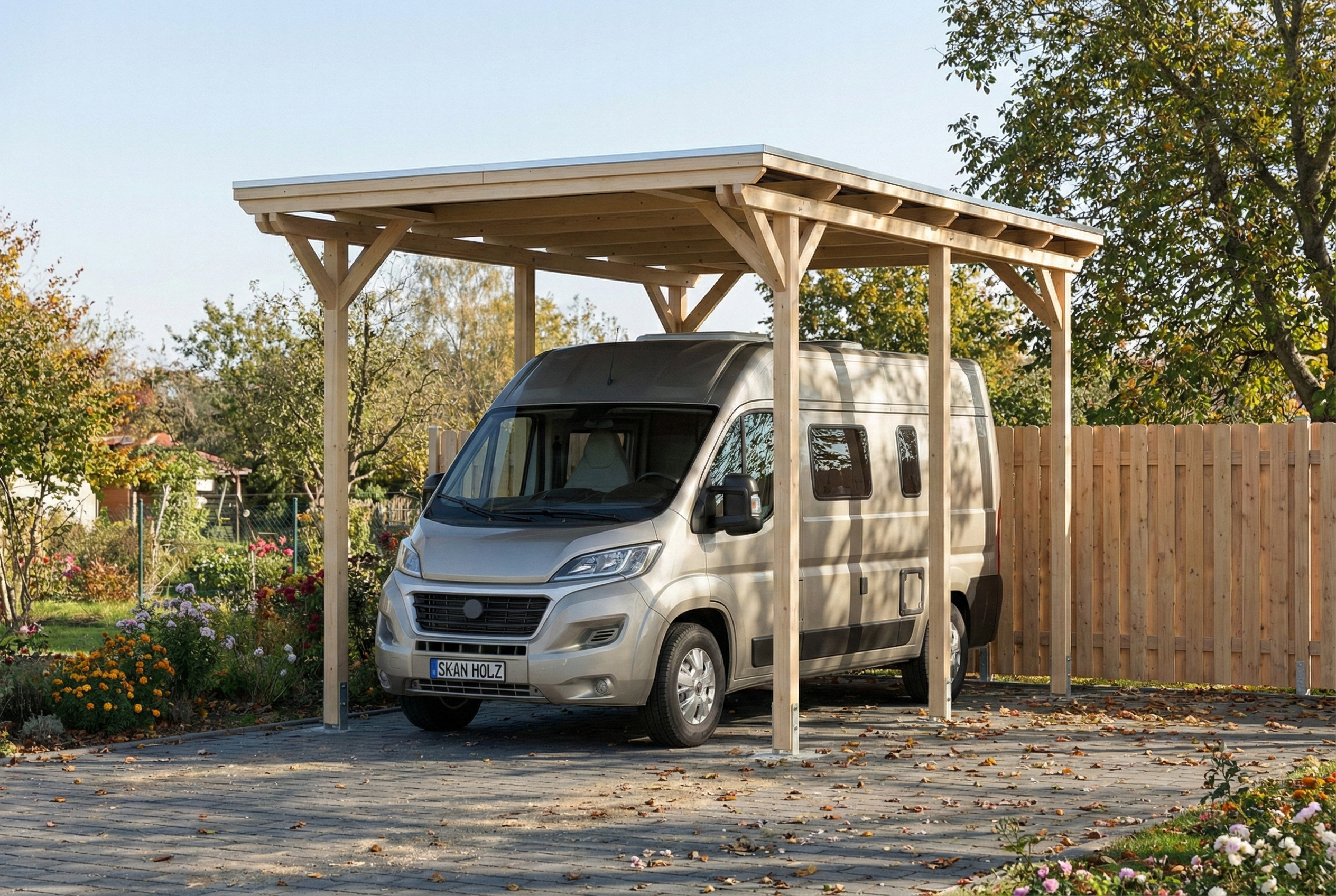 Carport Emsland Caravan 402 x 604 cm, panneaux de toit en acier avec voile de condensation antique, naturel