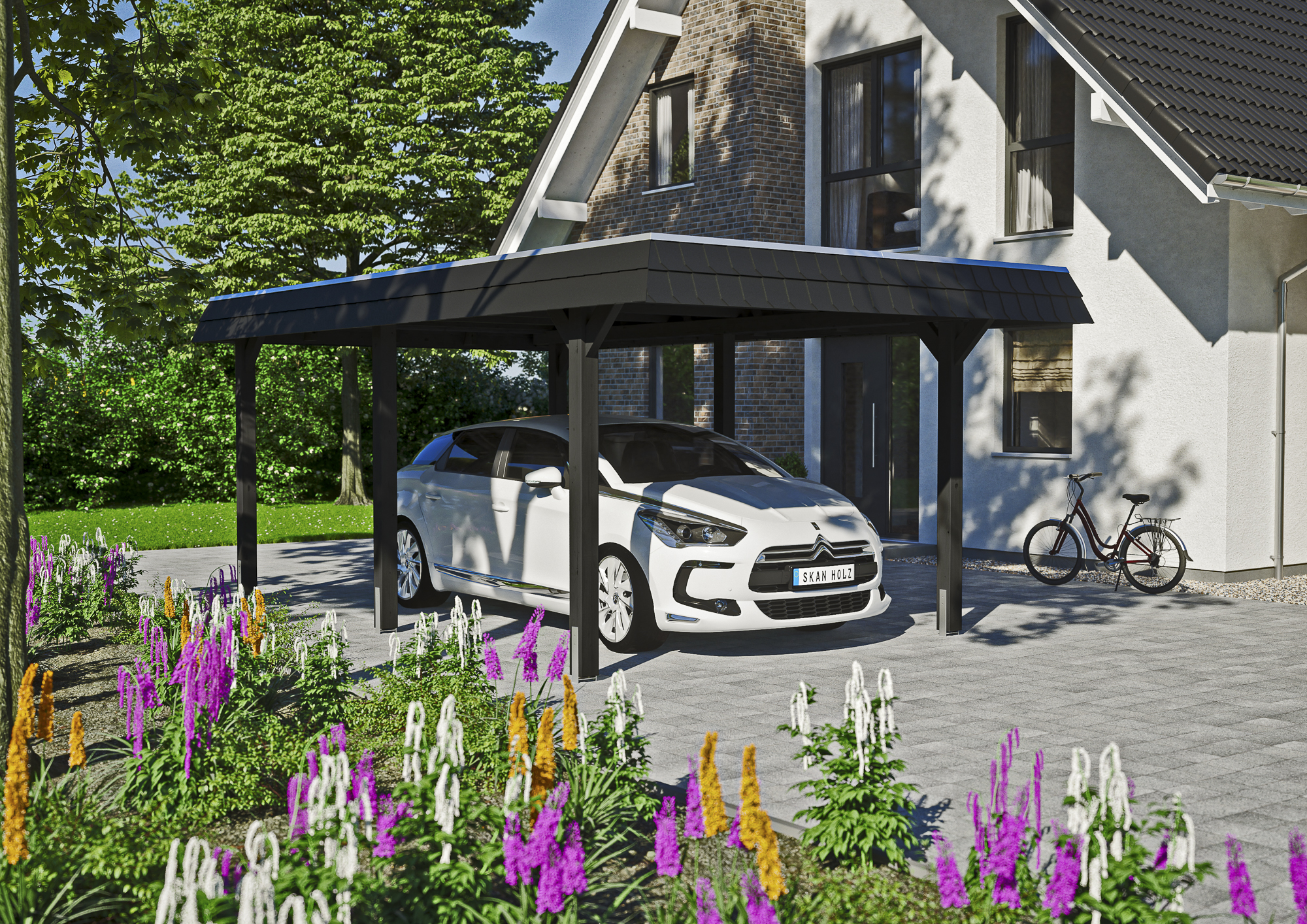 Ambientebild: Carport Wendland 362 x 628 cm, mit schwarzer Blende, farblich behandelt in anthrazit