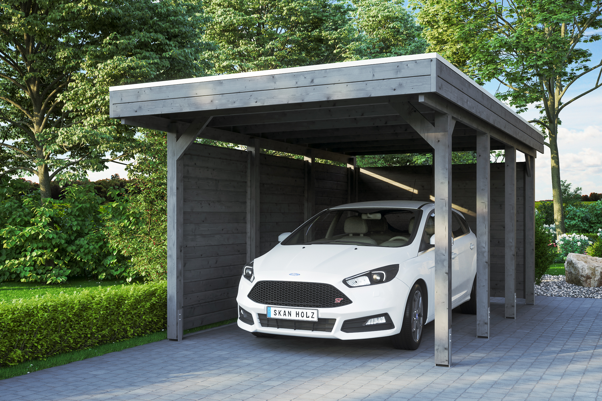 Ambientebild: Carport Friesland 314 x 555 cm, mit Seiten- und Rückwand, farblich behandelt in schiefergrau
