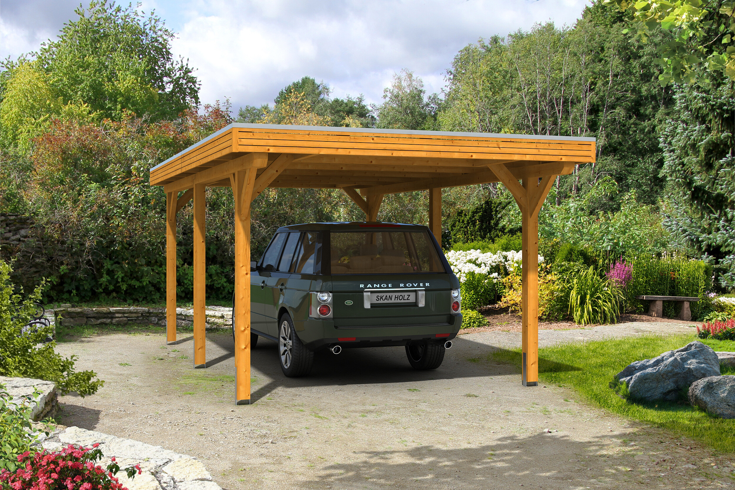 Carport Spessart 355 x 604 cm, gelakt in licht eiken, met Aluminium dakplaten