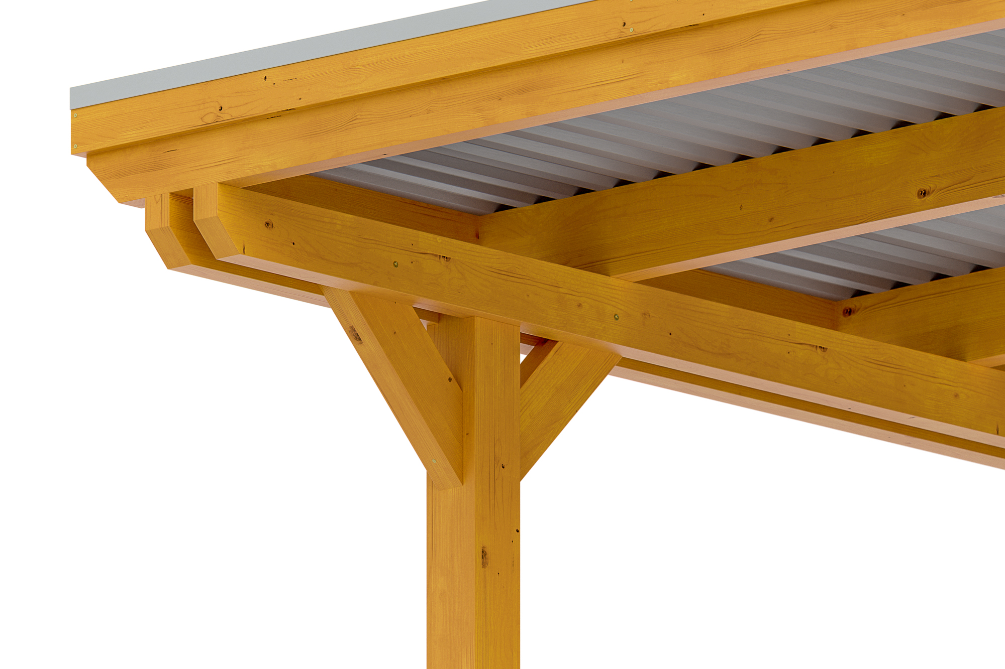 Detailbild: Konstruktion beim Carport Emsland von unten (Pfosten, Doppelpfette, Dachplatten und Blende mit Aluminiumabschlusskante), farblich behandelt in eiche hell
