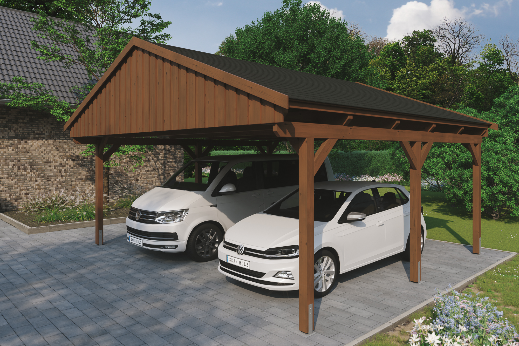Carport Fichtelberg 618 x 566 cm, zwarte dakshingels, gelakt in noten