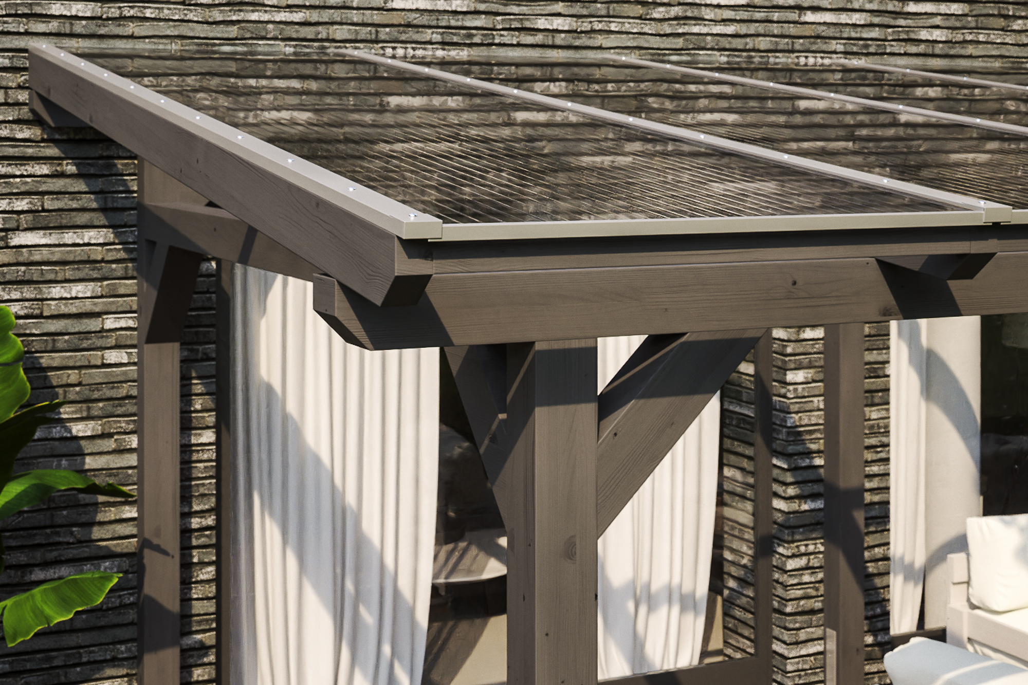 Detailbild einer Terrassenüberdachung Siena farblich behandelt in schiefergrau mit Blick seitlich auf das Dach