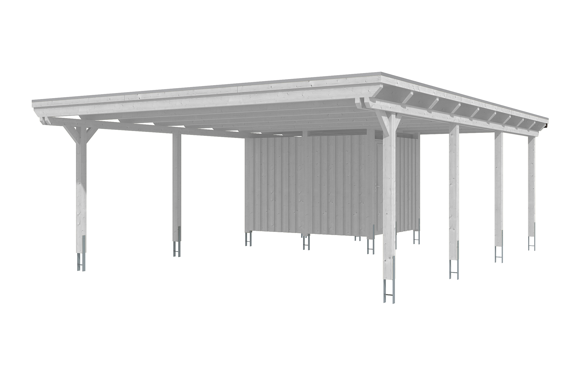 Carport Emsland 613 x 846 cm met bergruimte, gelakt in wit, met Aluminium dakplaten