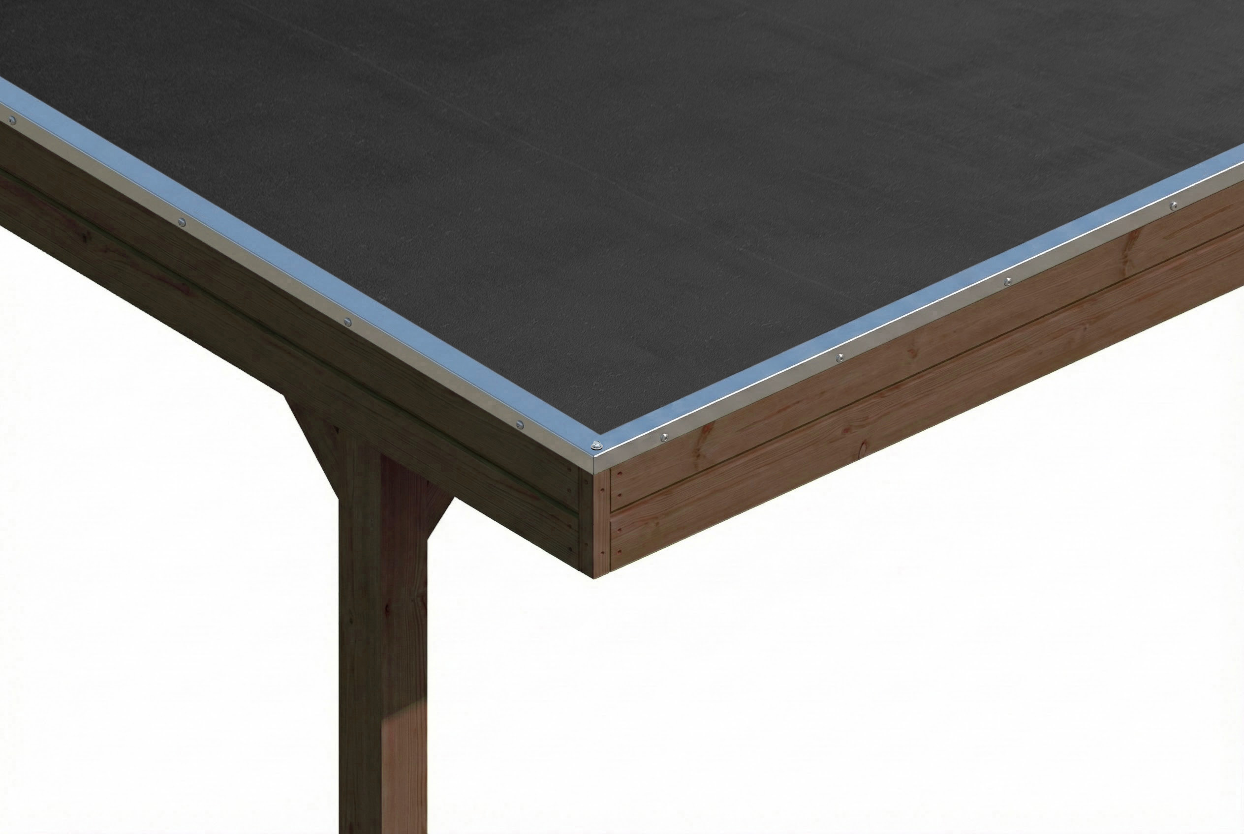 Detailbild: EPDM-Dacheindeckung und Dachblende beim Einzelcarport Friesland, farblich behandelt in nussbaum