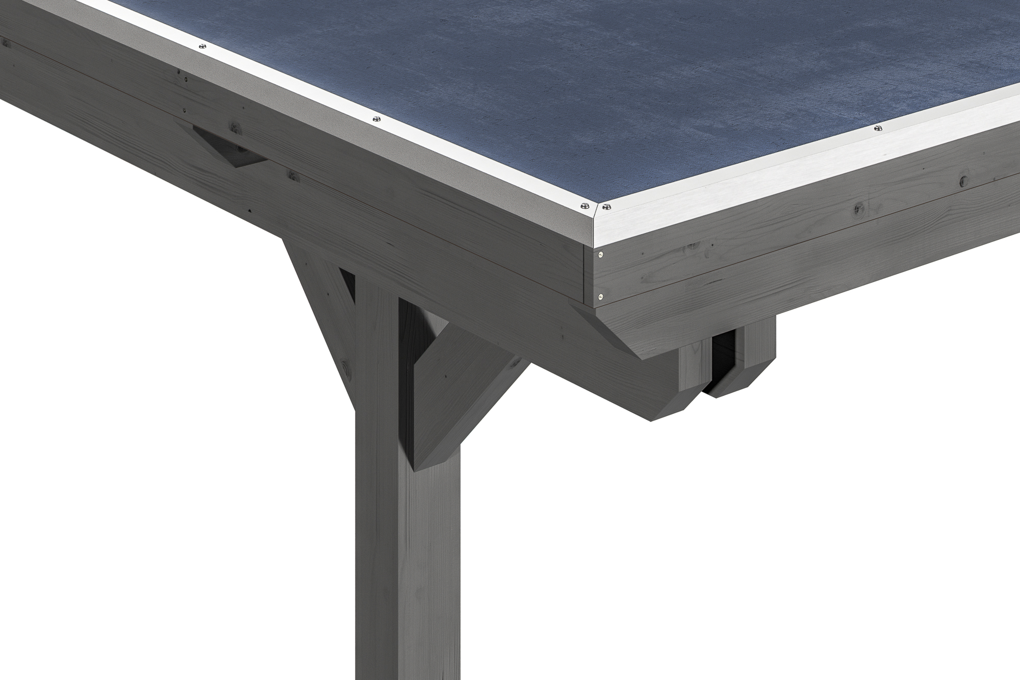 Detailbild: Konstruktion beim Carport Emsland von oben (Pfosten, Doppelpfette, EPDM-Dachfolie und Blende mit Aluminiumabschlusskante), farblich behandelt in schiefergrau