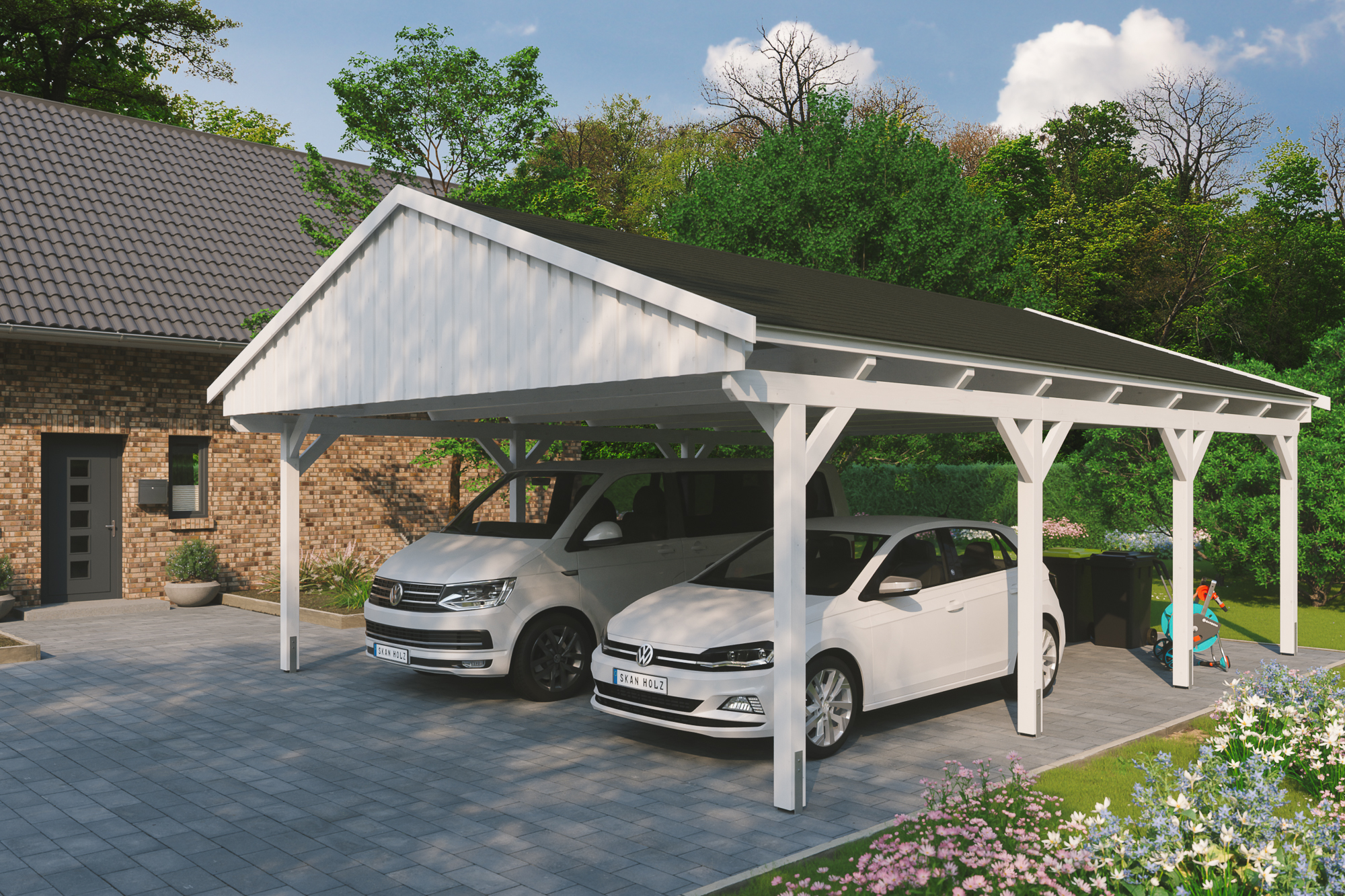 Ambientebild: Carport Fichtelberg 618 x 808 cm, farblich behandelt in weiß, mit schwarzen Dachschindeln
