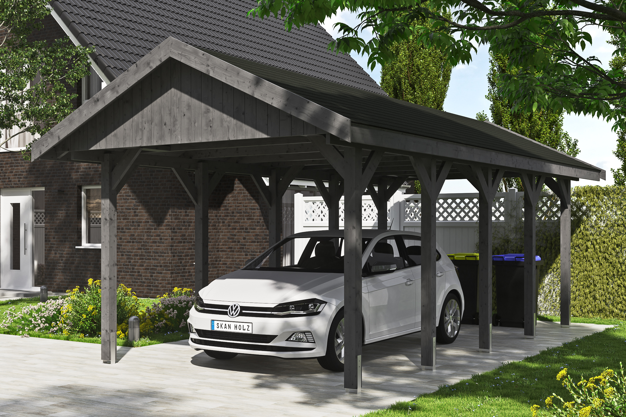 Ambientebild: Carport Wallgau 380 x 750 cm, mit schwarzen Dachschindeln, farblich behandelt in schiefergrau