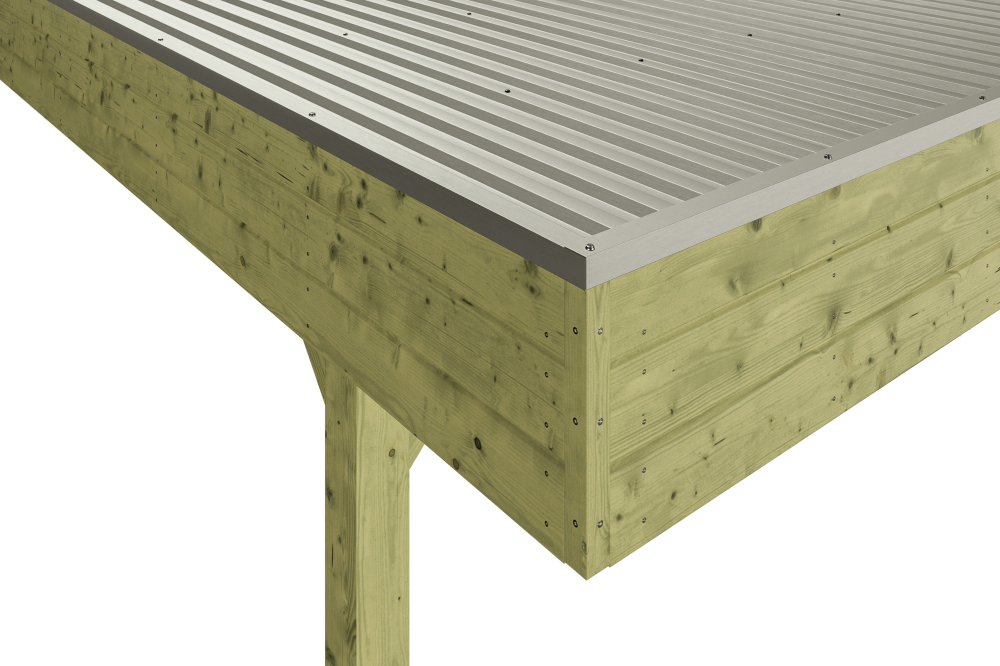 Detailbild: Aluminiumdachplatten und Dachblende beim Doppelcarport Friesland, grün imprägniert