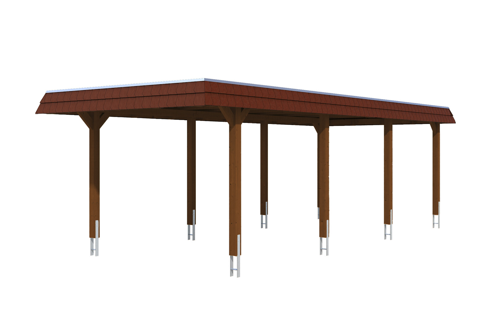 Carport Wendland 362 x 870 cm mit EPDM-Dach, rote Blende, nussbaum
