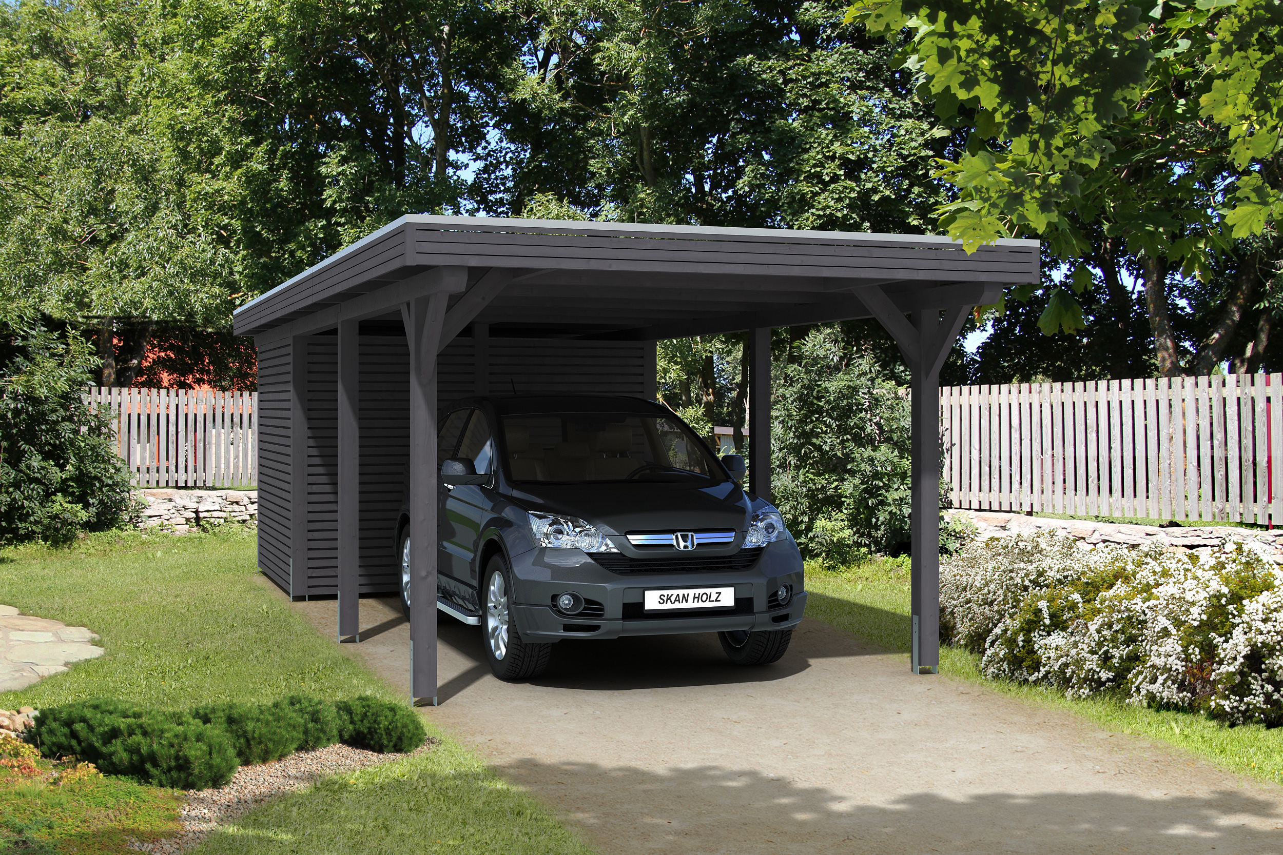 Ambientebild: Carport Spessart 355 x 846 cm mit Abstellraum, farblich behandelt in schiefergrau