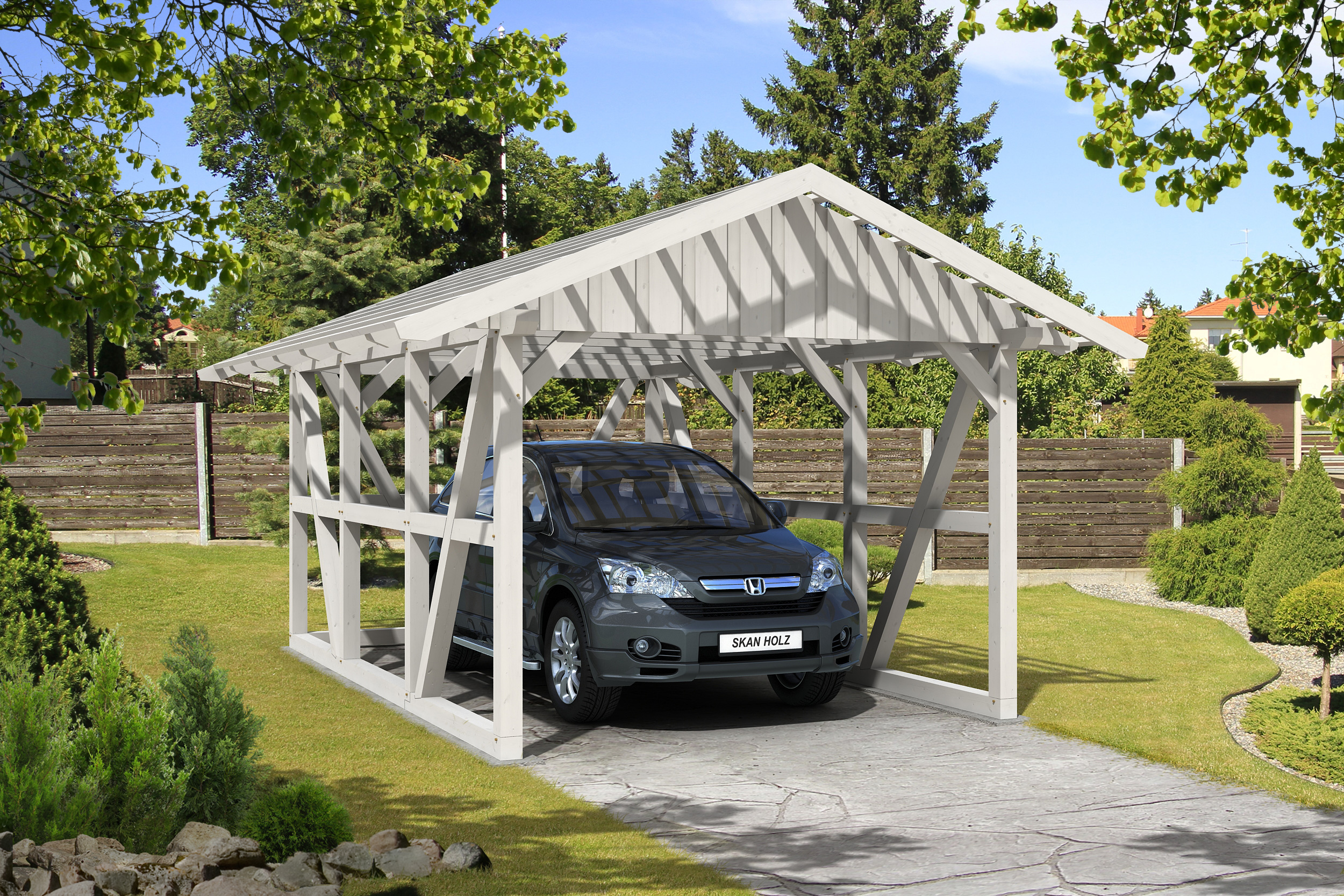 Carport SCHWARZWALD 434x600cm avec paroi arriere, lattis, KVH-bois d'épinette, traitement coloré blanc