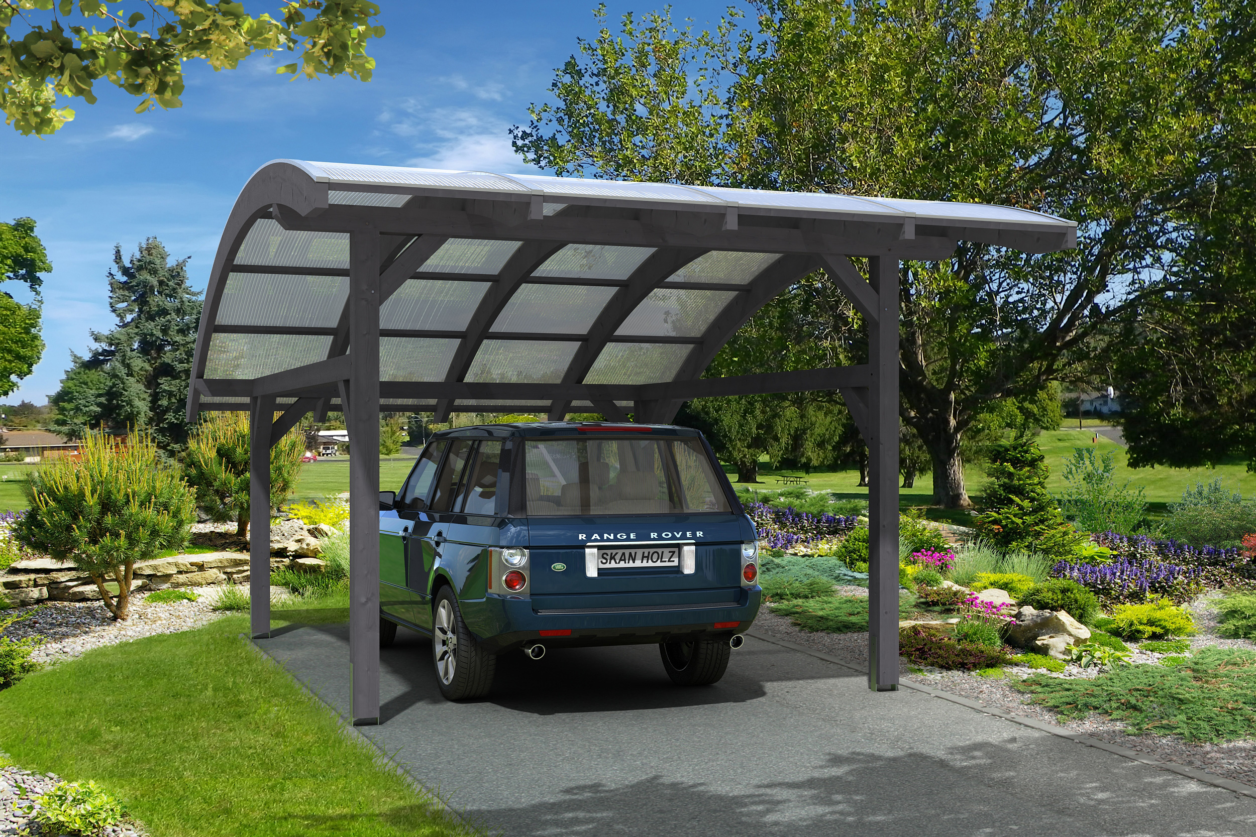 Ambientebild: Carport Schwaben 434 x 630 cm, farblich behandelt in schiefergrau