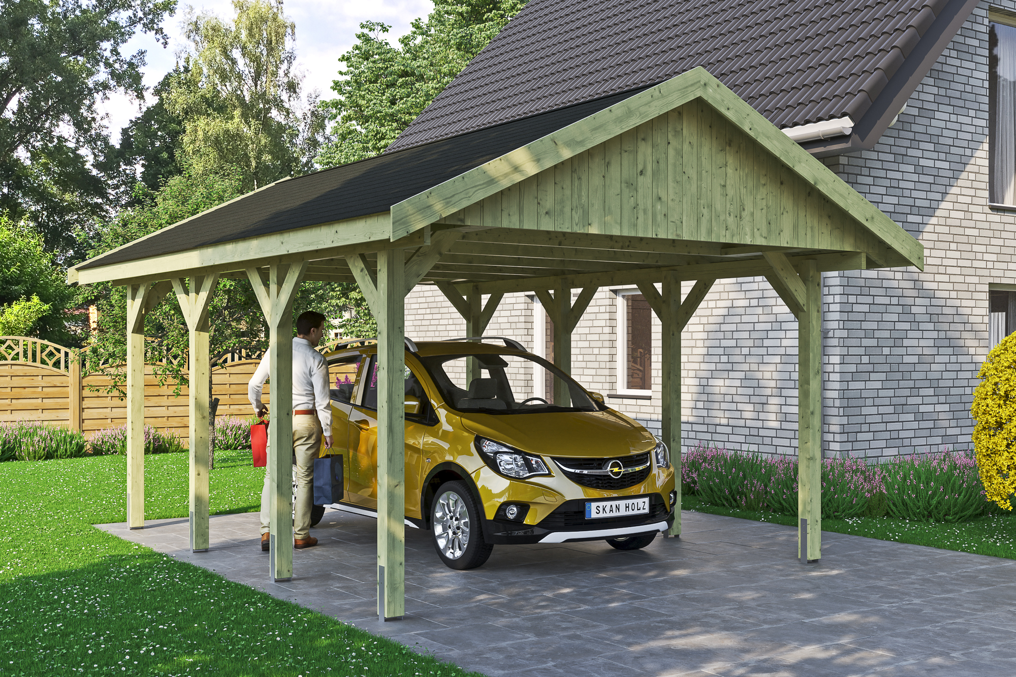 Ambientebild: Carport Wallgau 430 x 600 cm, mit schwarzen Dachschindeln, grün imprägniert 