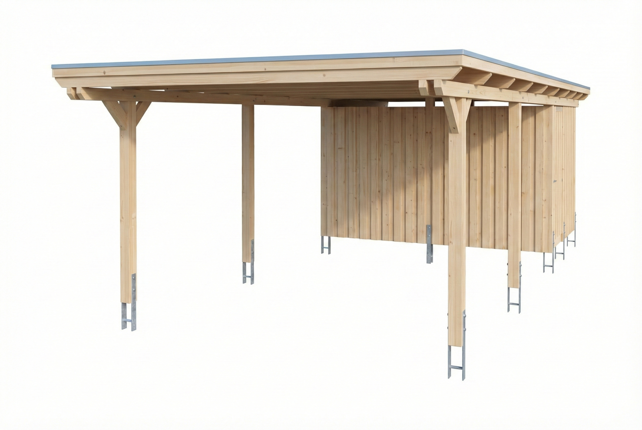 Carport Emsland 402 x 846 cm, panneaux de toit en acier avec non-tissé anti-condensation, avec remise, naturel