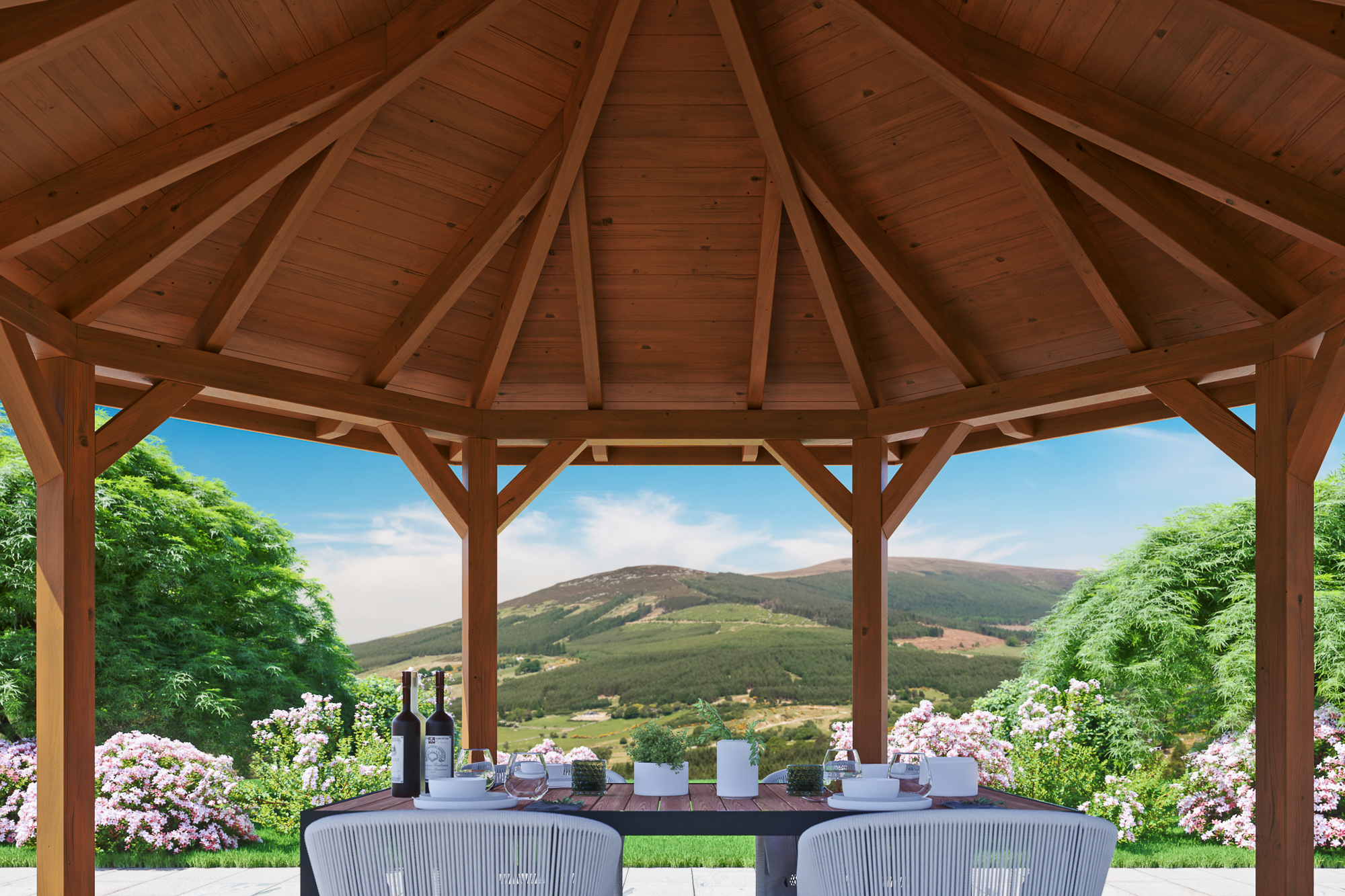 Detailbild: Innenansicht Pavillon Nice 2, farblich behandelt in nussbaum