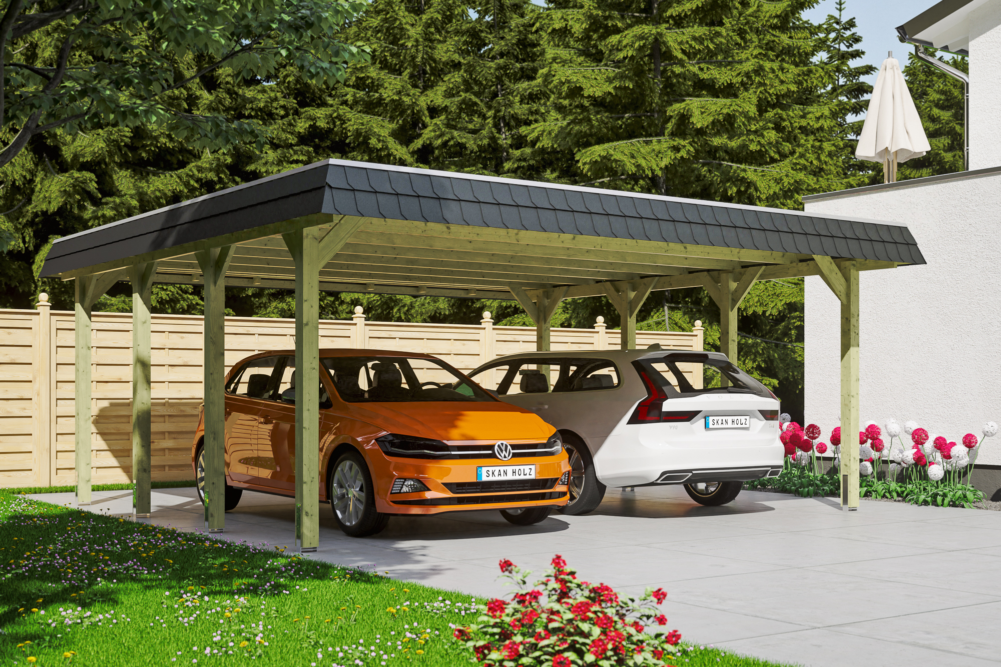 Ambientebild: Carport Spreewald 585 x 589 cm mit schwarzer Blende, grün imprgniert