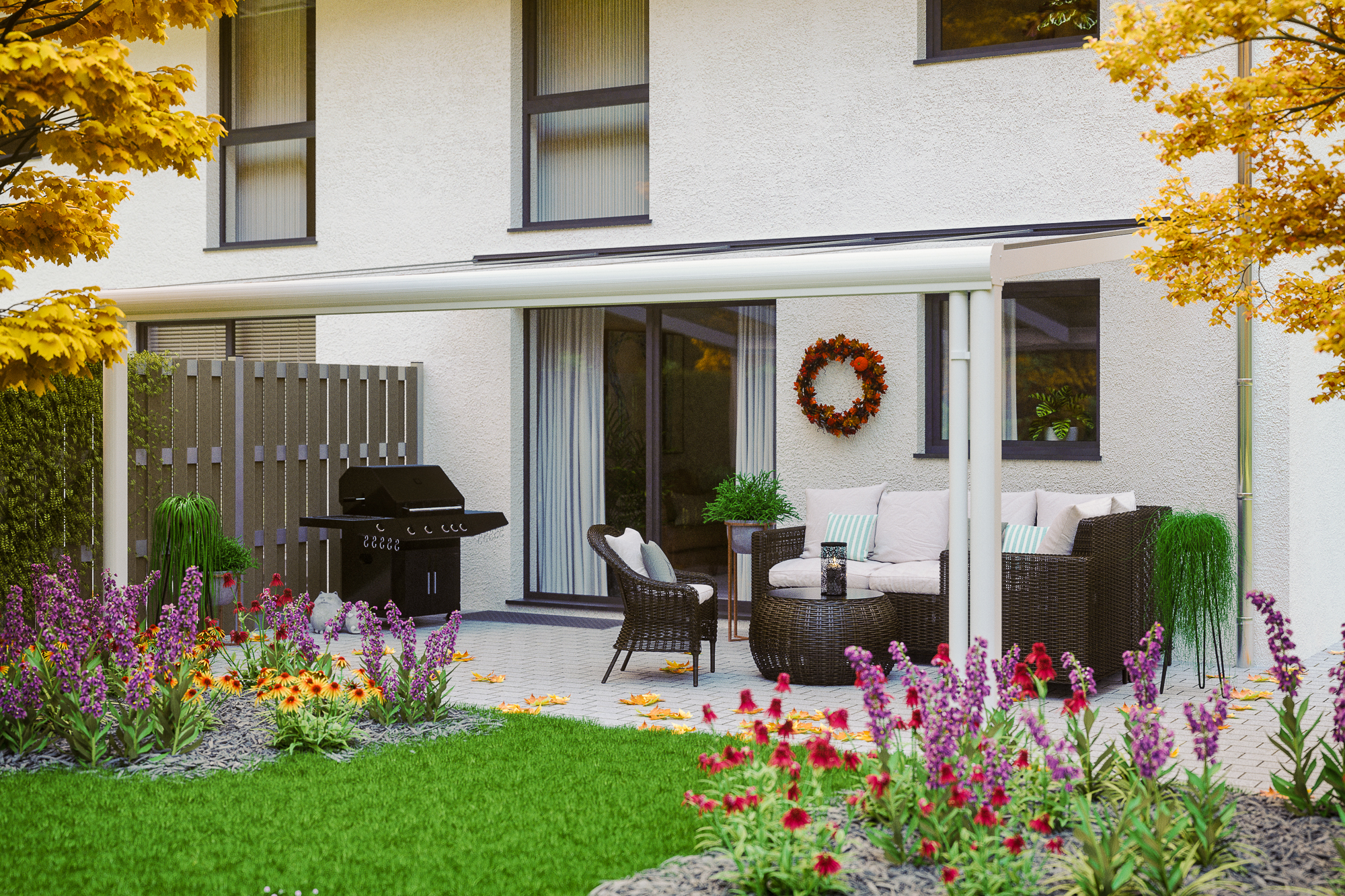 Ambientebild: Terrassenüberdachung Genua, Breite 541 cm, farblich behandelt in weiß