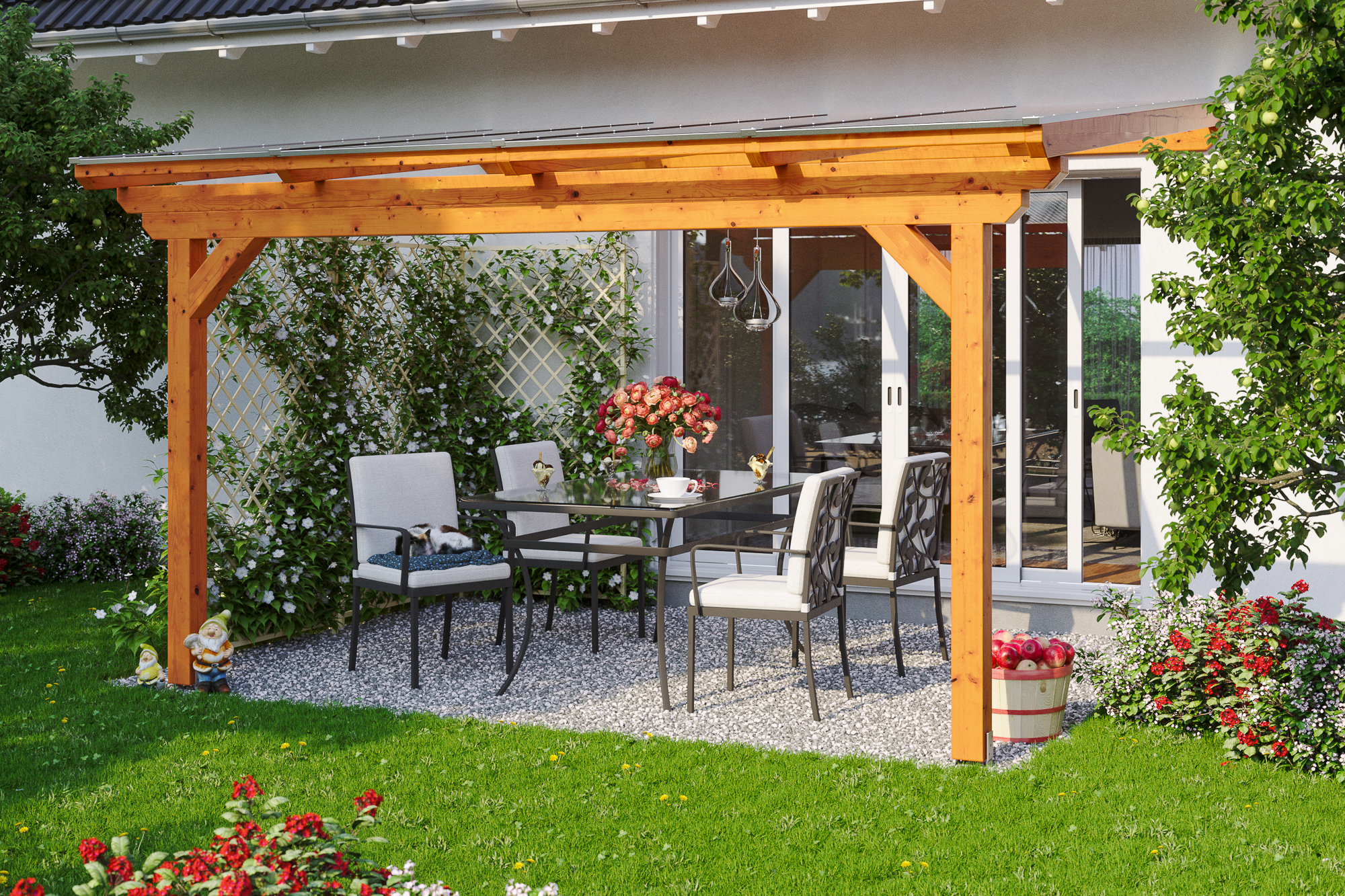 Ambientebild: Terrassenüberdachung Ancona, Breite 434 cm, farblich behandelt in eiche hell