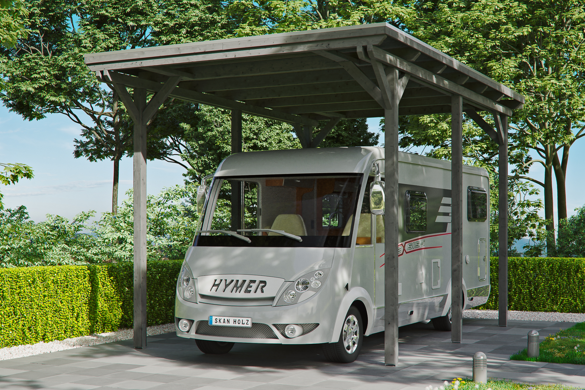 Ambientebild: Carport Emsland Caravan 404 x 604 cm, farblich behandelt in schiefergrau