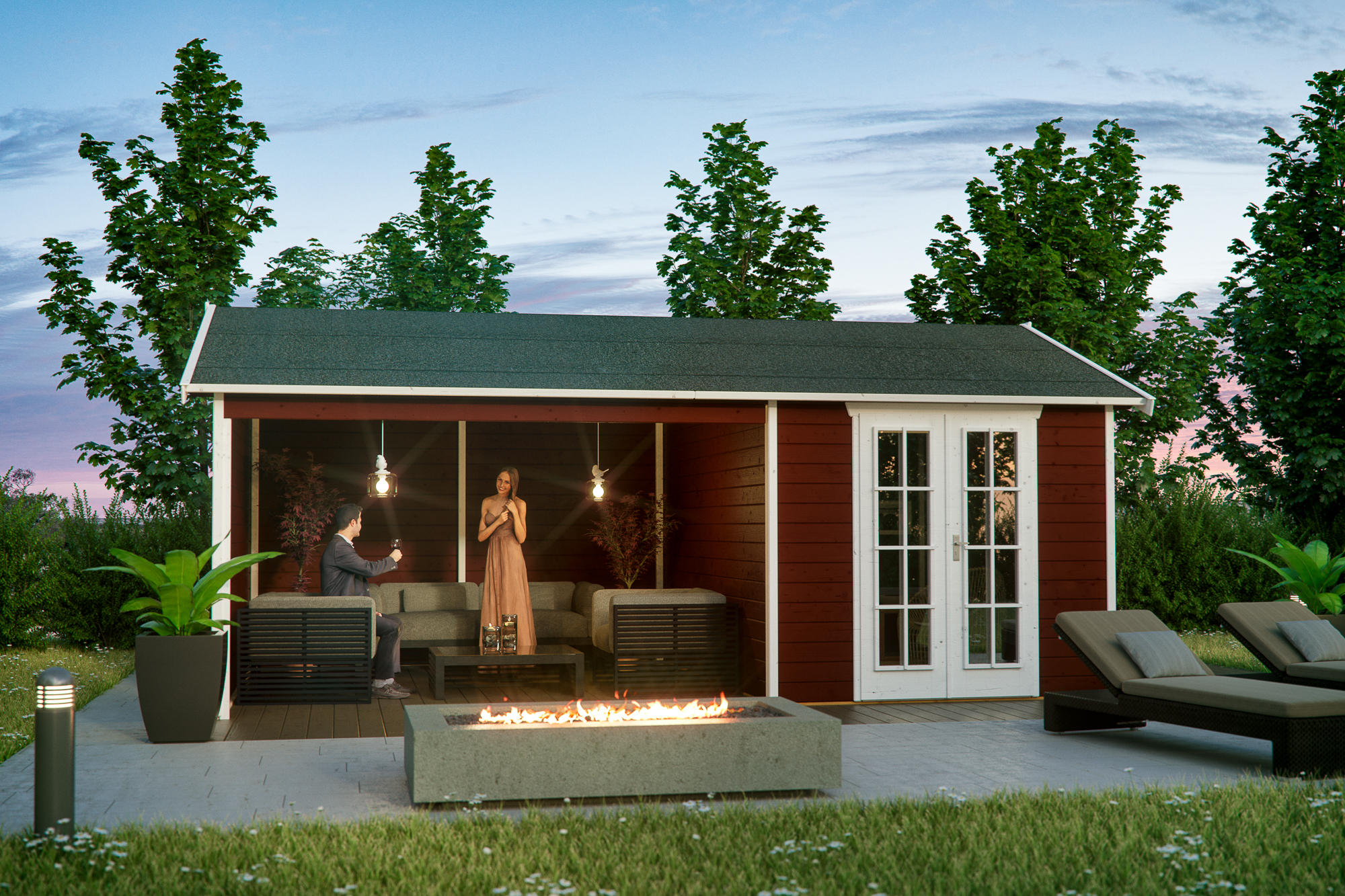Zahradní domek TILBURG, 28mm, 613 x 380 cm, barevně ošetřeno ve vínově červené barvě