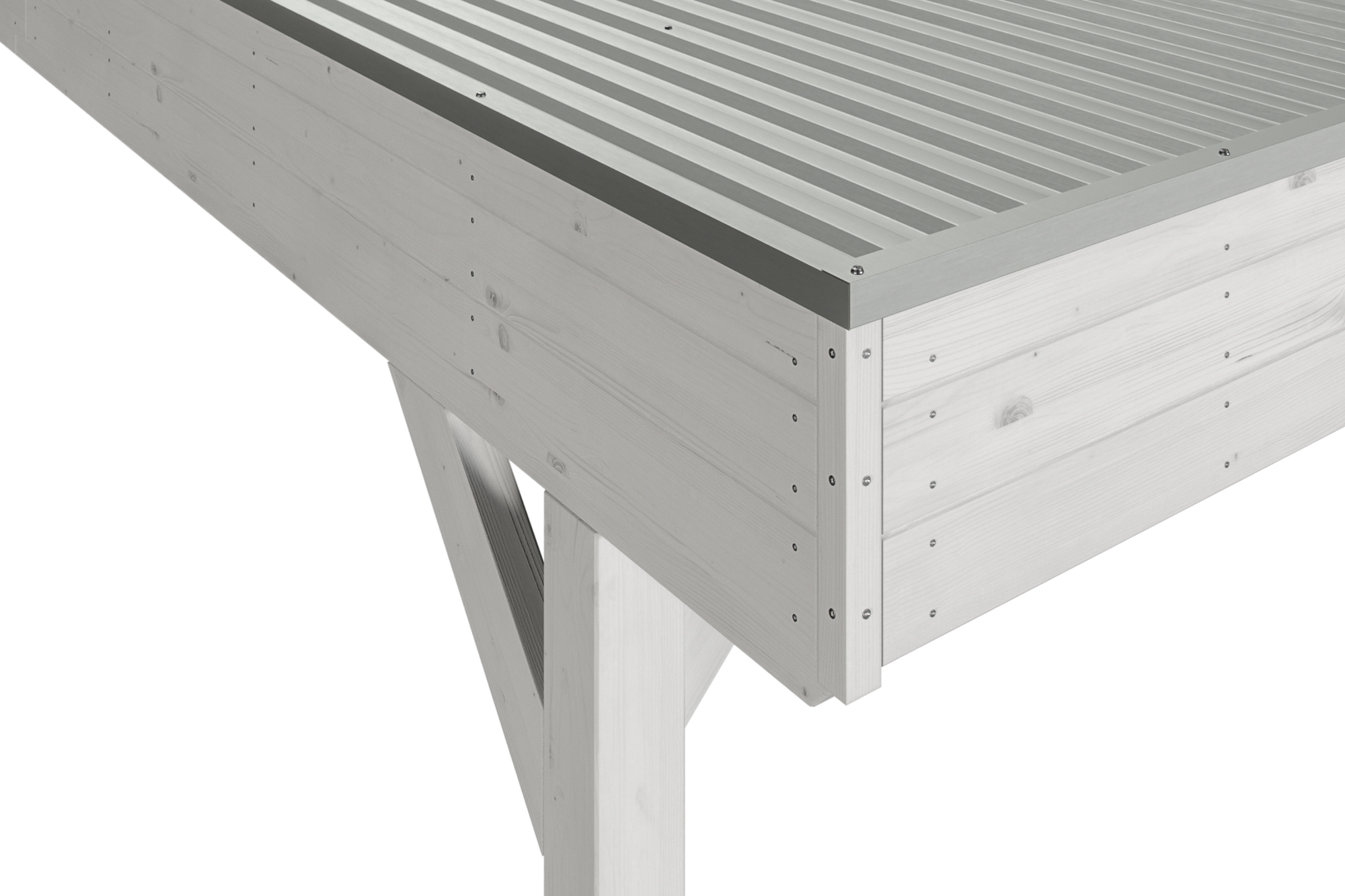 Detailbild: Aluminiumdachplatten und Dachblende beim Doppelcarport Grunewald, farblich behandelt in weiß