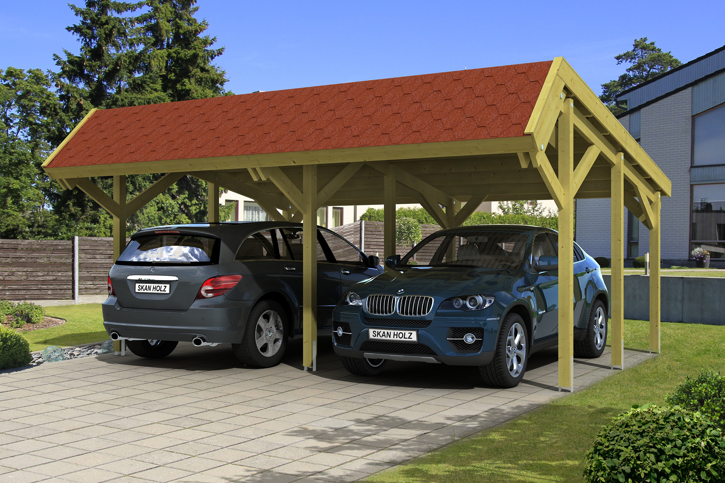 Ambientebild: Carport Harz 624 x 560 cm, mit roten Dachschindeln