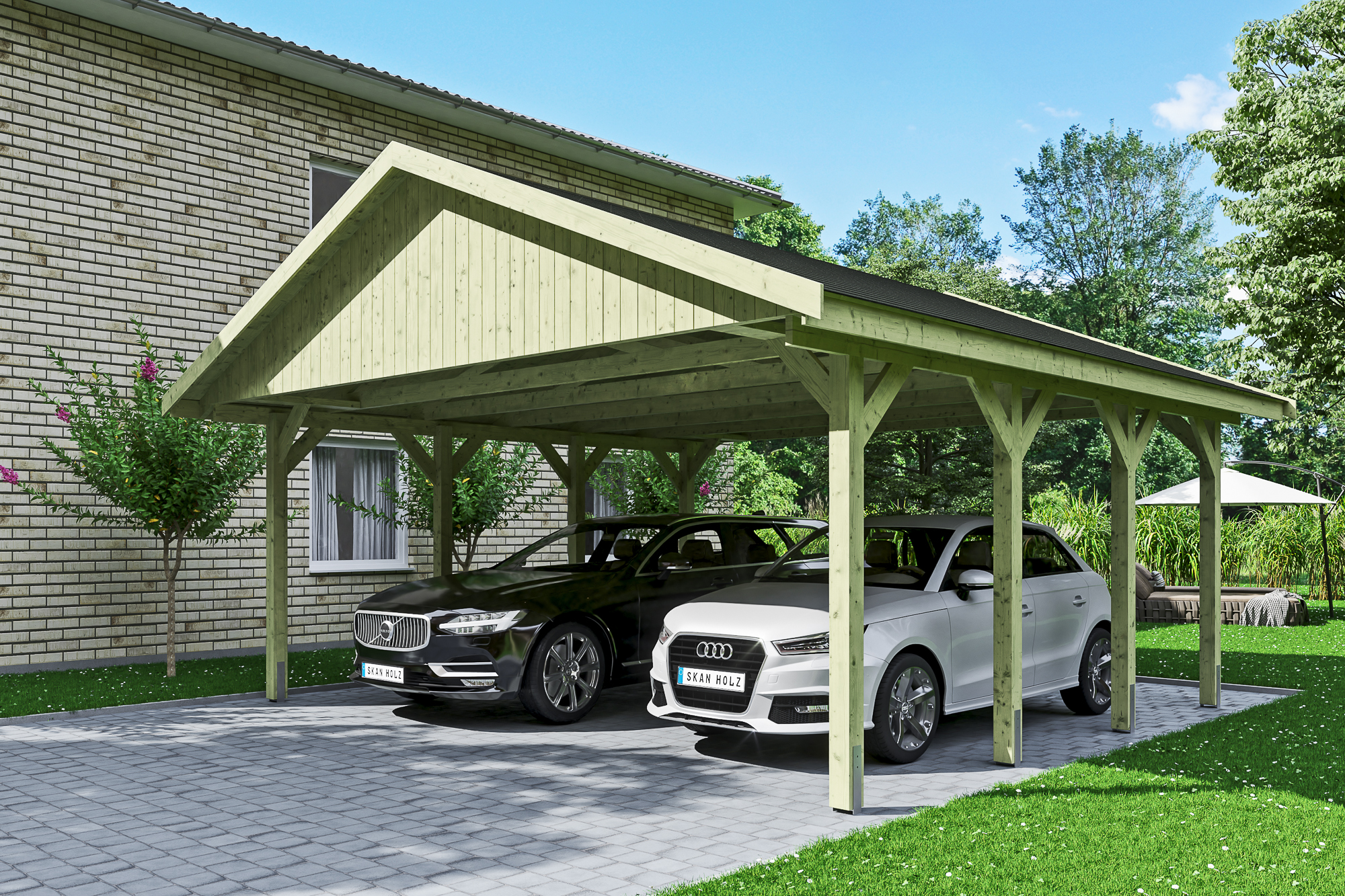Ambientebild: Carport Wallgau 620 x 600 cm, mit schwarzen Dachschindeln, grün imprägniert 