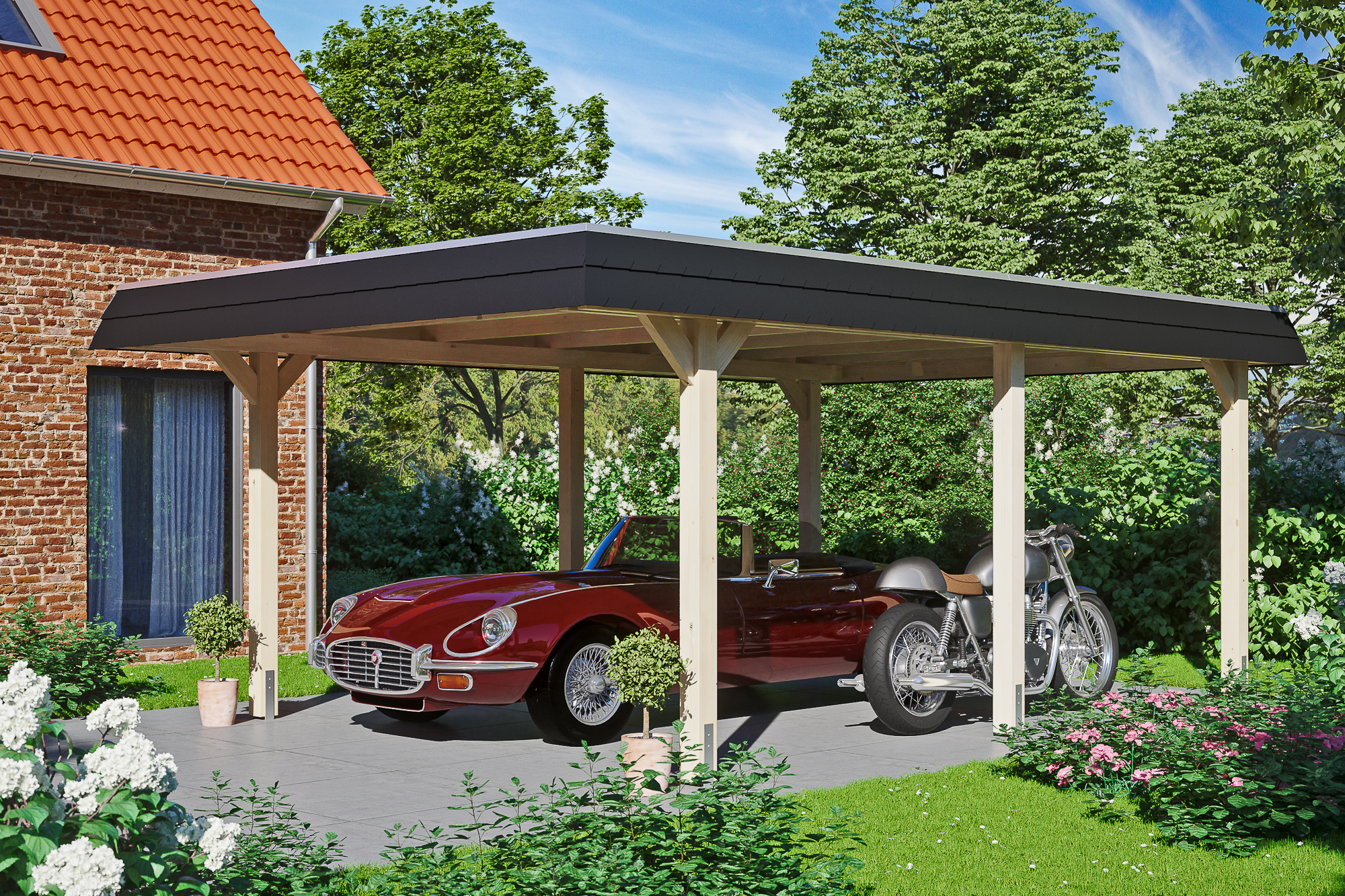 Ambientebild: Carport Wendland 409 x 628 cm, mit schwarzer Blende