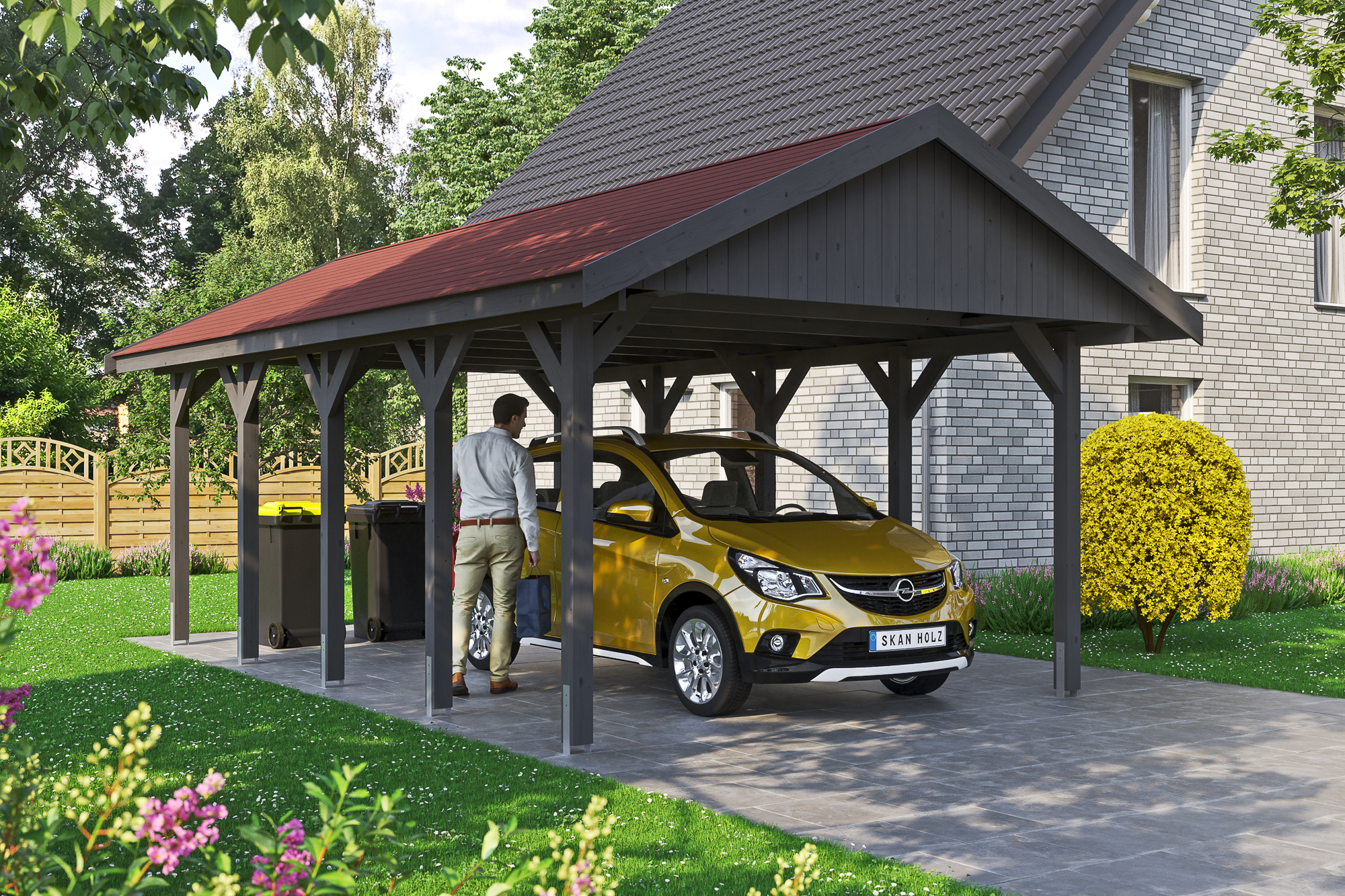 Ambientebild: Carport Wallgau 430 x 750 cm, mit roten Dachschindeln, farblich behandelt in schiefergrau