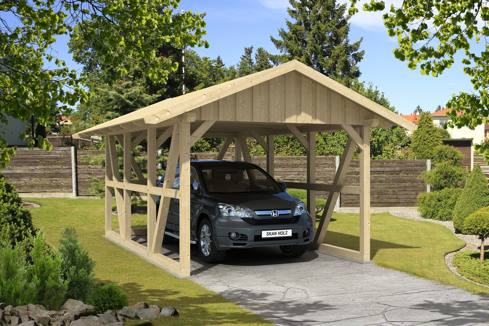 Carport Schwarzwald 424 x 600 cm mit Rückwand, natur, mit Dachschalung