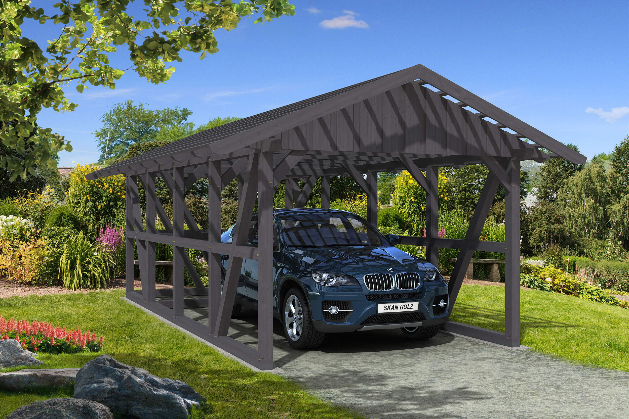 Carport SCHWARZWALD 434x772cm avec remise, lattis, KVH-bois d'épinette, traitement coloré gris ardoise