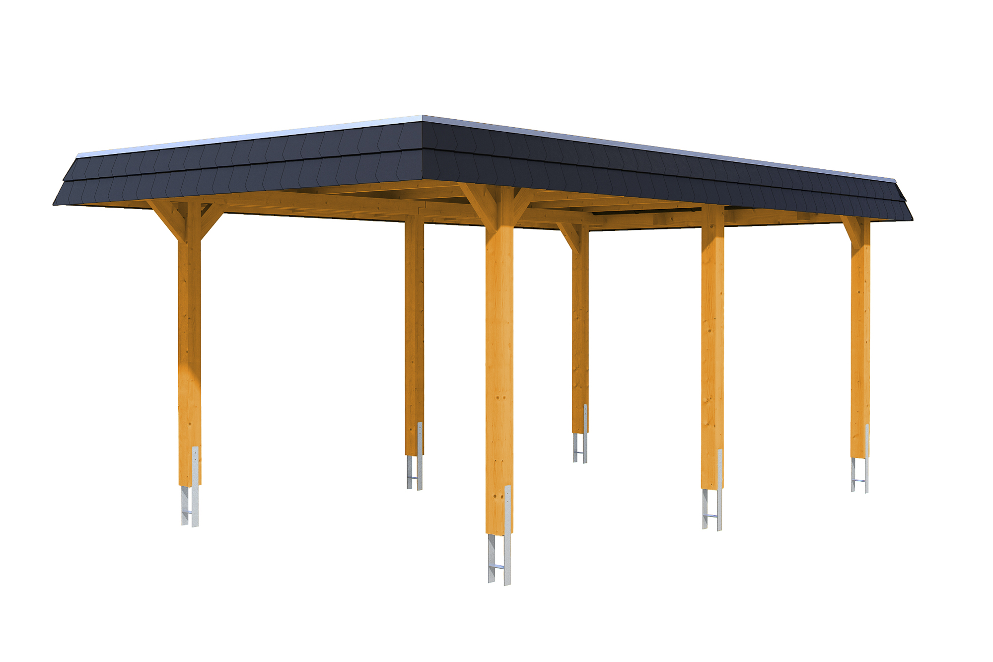 Carport Wendland 362 x 628 cm with EPDM roof, black fascia, colour pre-treated light oak