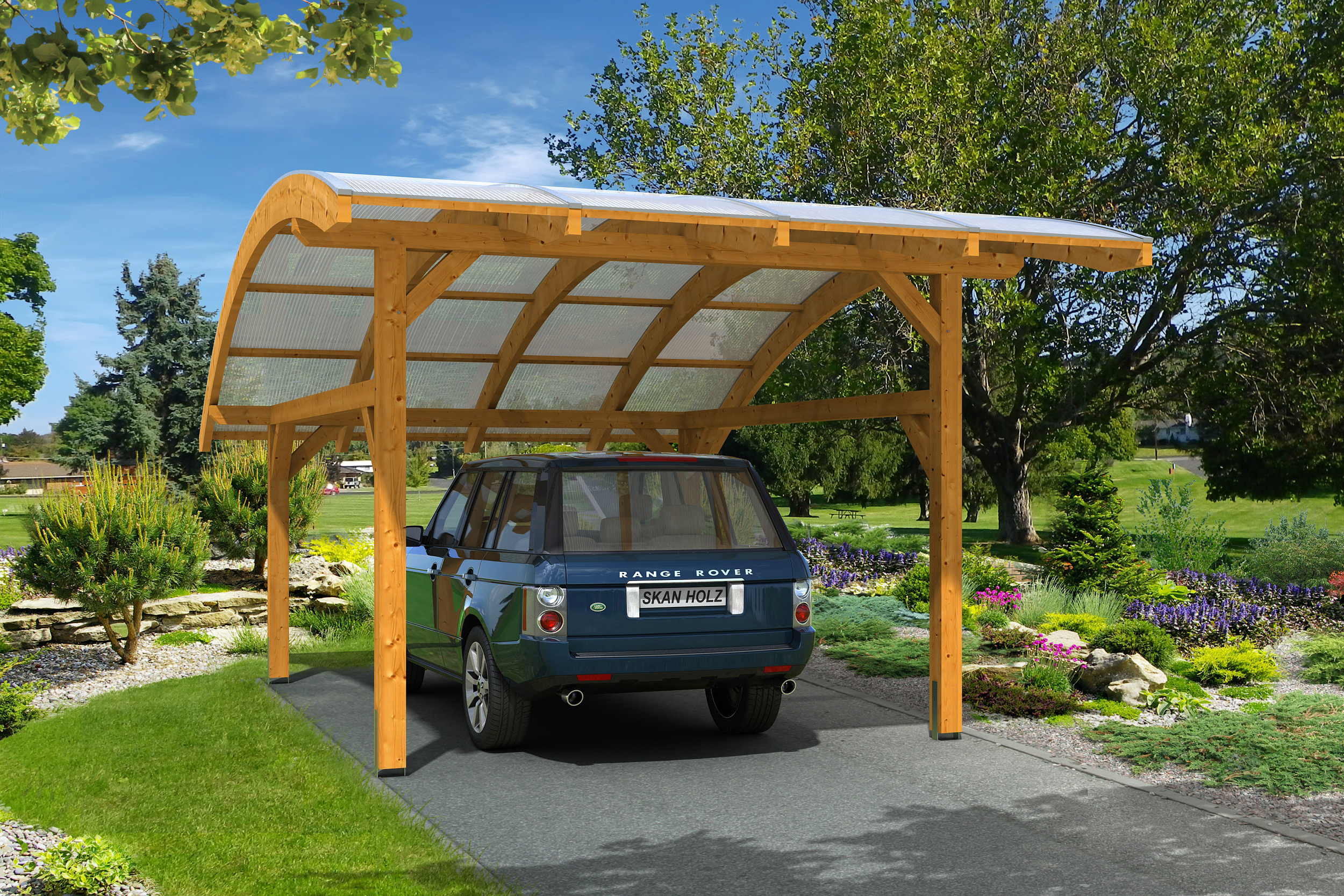 Ambientebild: Carport Schwaben 434 x 630 cm, farblich behandelt in eiche hell